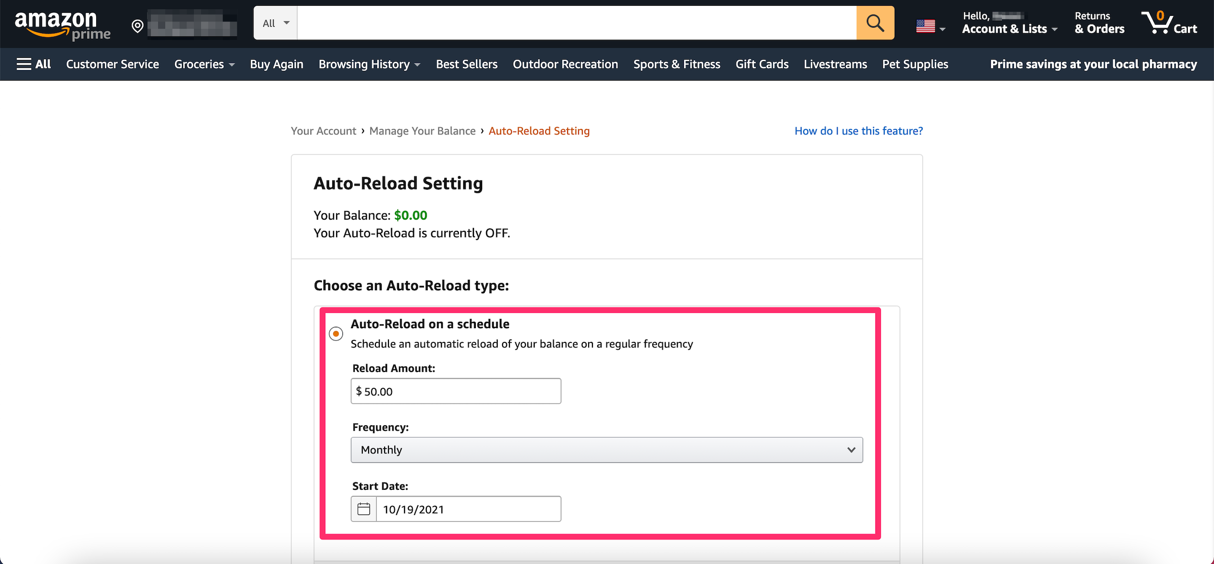 Screenshot showing the auto-reload gift card sign-up page for an Amazon account