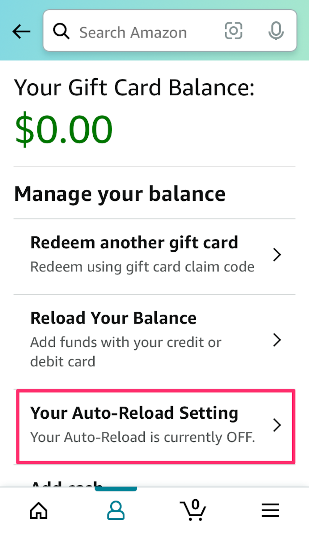 Screenshot of the Gift Card Balance section on the Amazon Shopping app