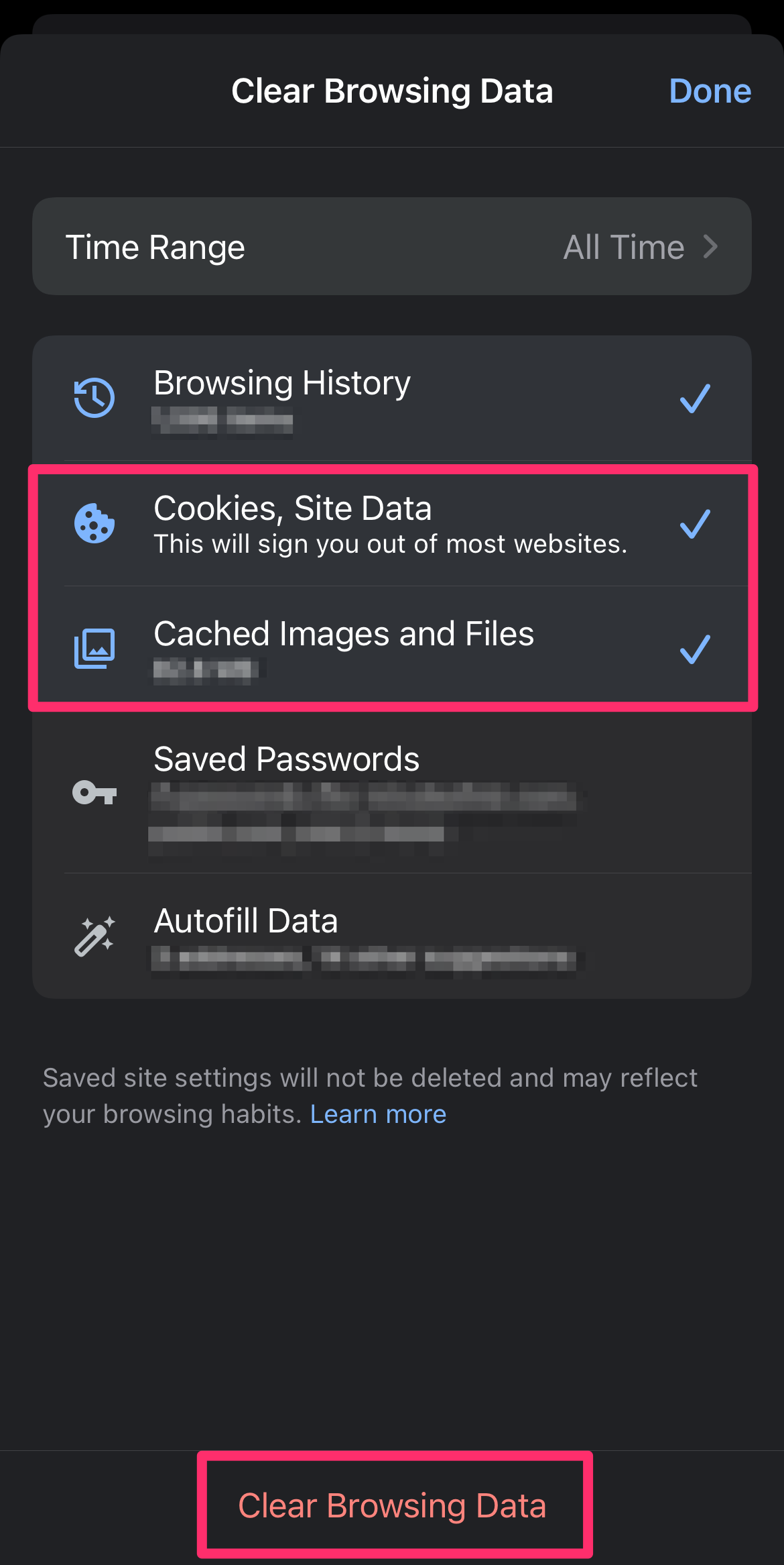 Screenshot highlighting the Clear Browsing Data page