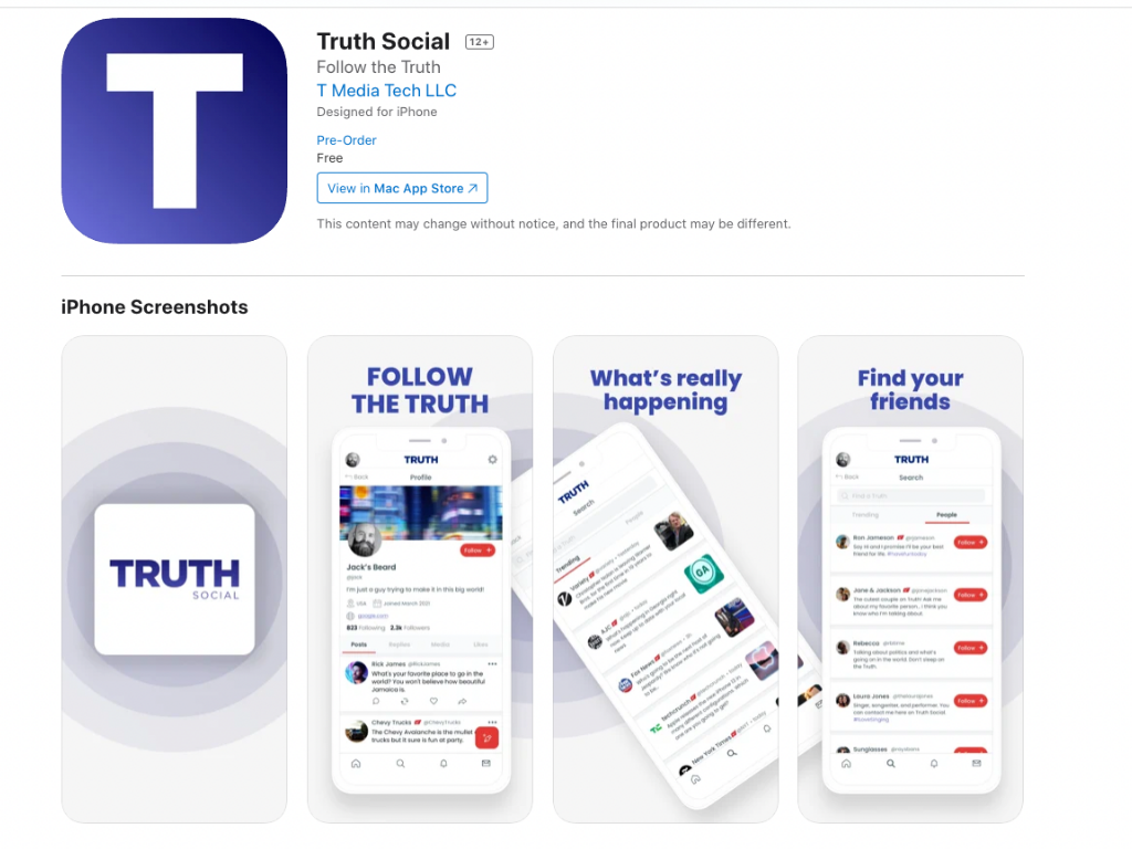 TRUTH Social lijkt verschillende Twitter-achtige functies te hebben, waaronder een nieuwsfeed en de mogelijkheid om andere gebruikers te volgen. Afbeelding: Screengrab/App Store