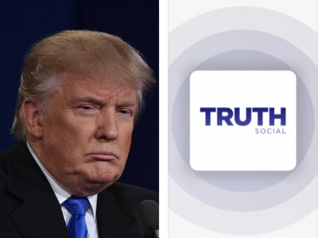 Donald Trump and a Truth Social logo.