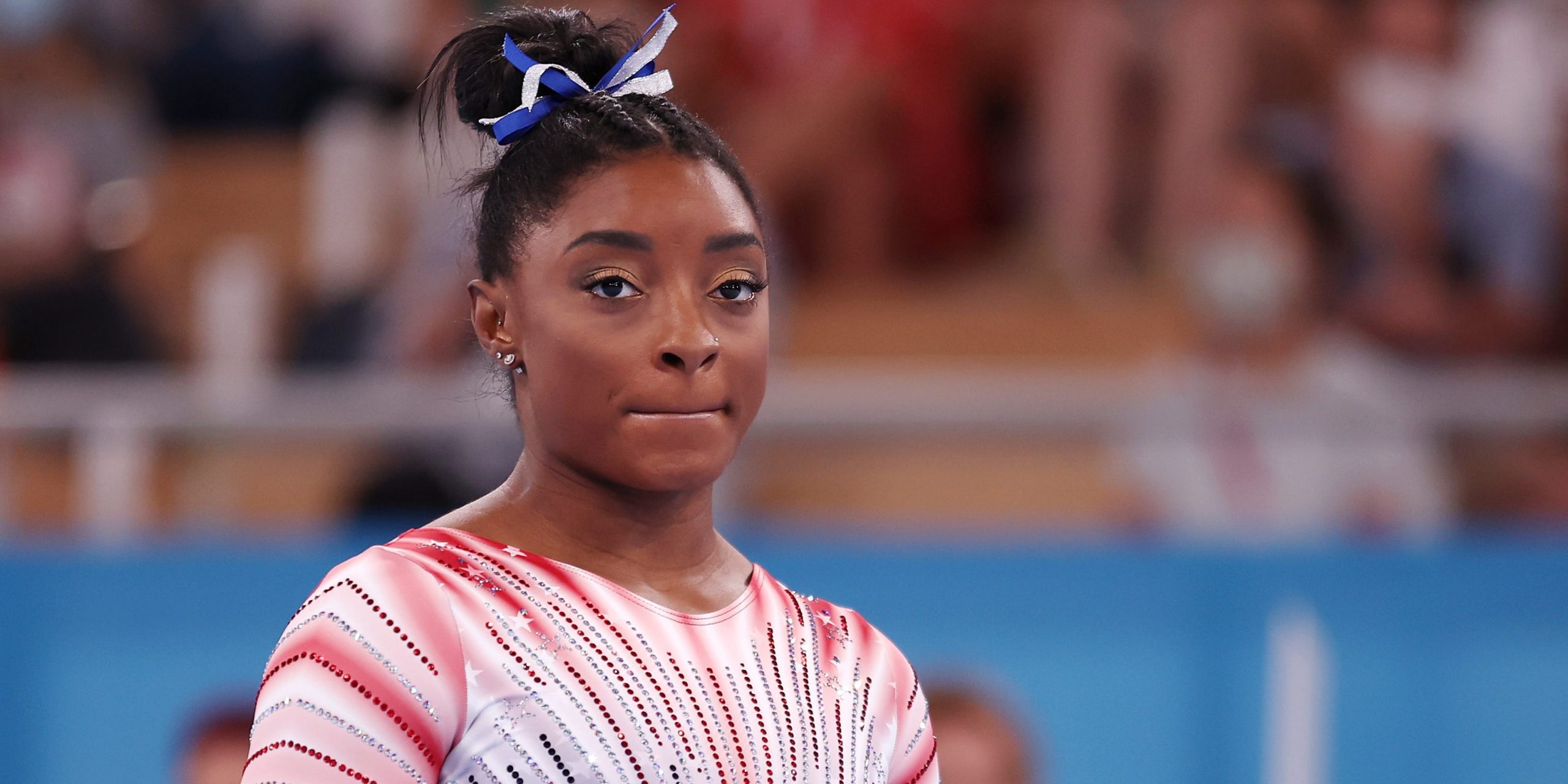 Simone Biles of Team United States competes in the Women's Balance Beam Final on day eleven of the Tokyo 2020 Olympic Games at Ariake Gymnastics Centre on August 03, 2021 in Tokyo, Japan.