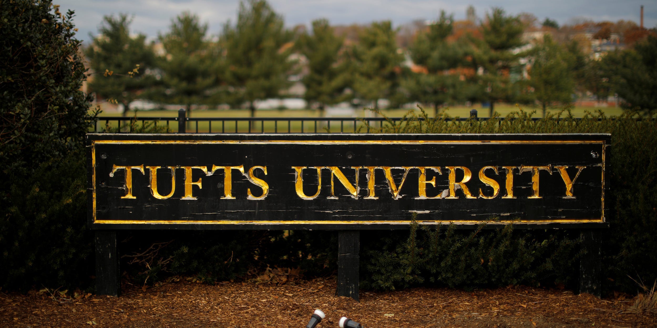 A sign stands at the edge of the campus of Tufts University in Medford, Massachusetts, U.S., November 27, 2017.