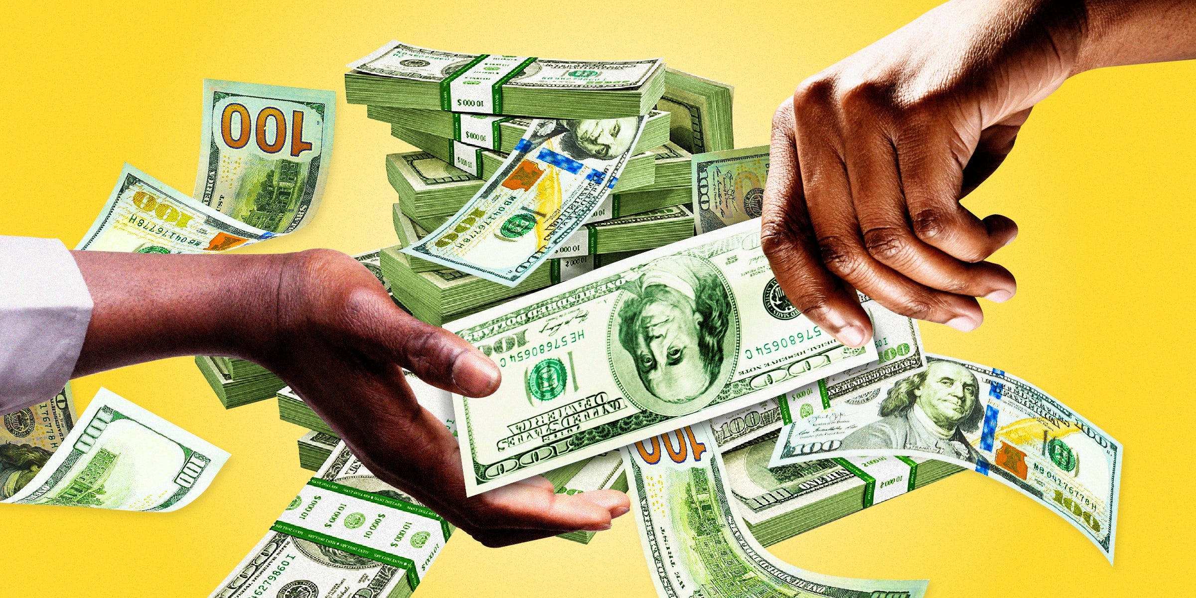 A Black person's hand handing money to another Black person's hand with a pile of money behind them on a yellow background