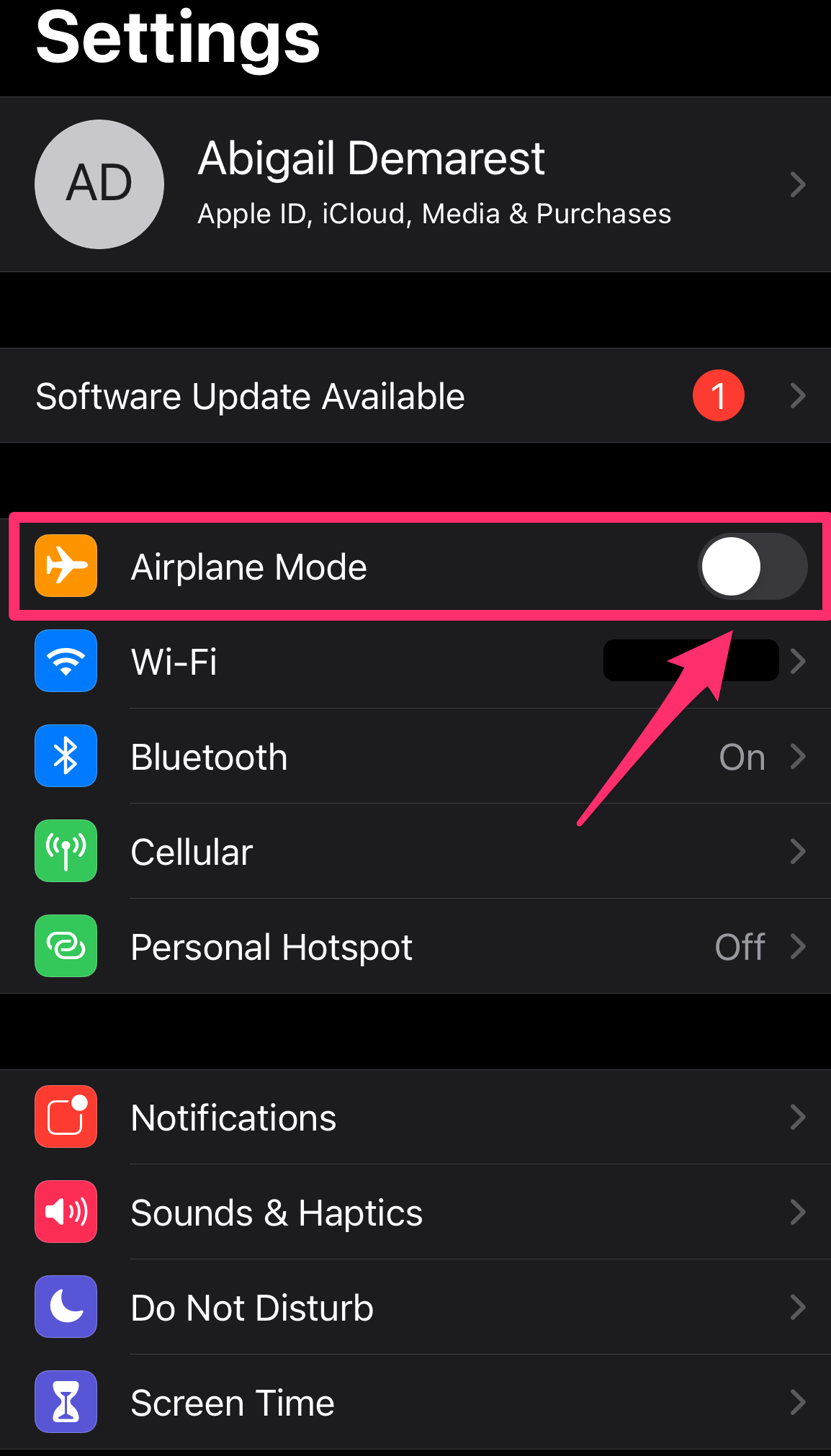 Screenshot of the Settings app with Airplane Mode highlighted