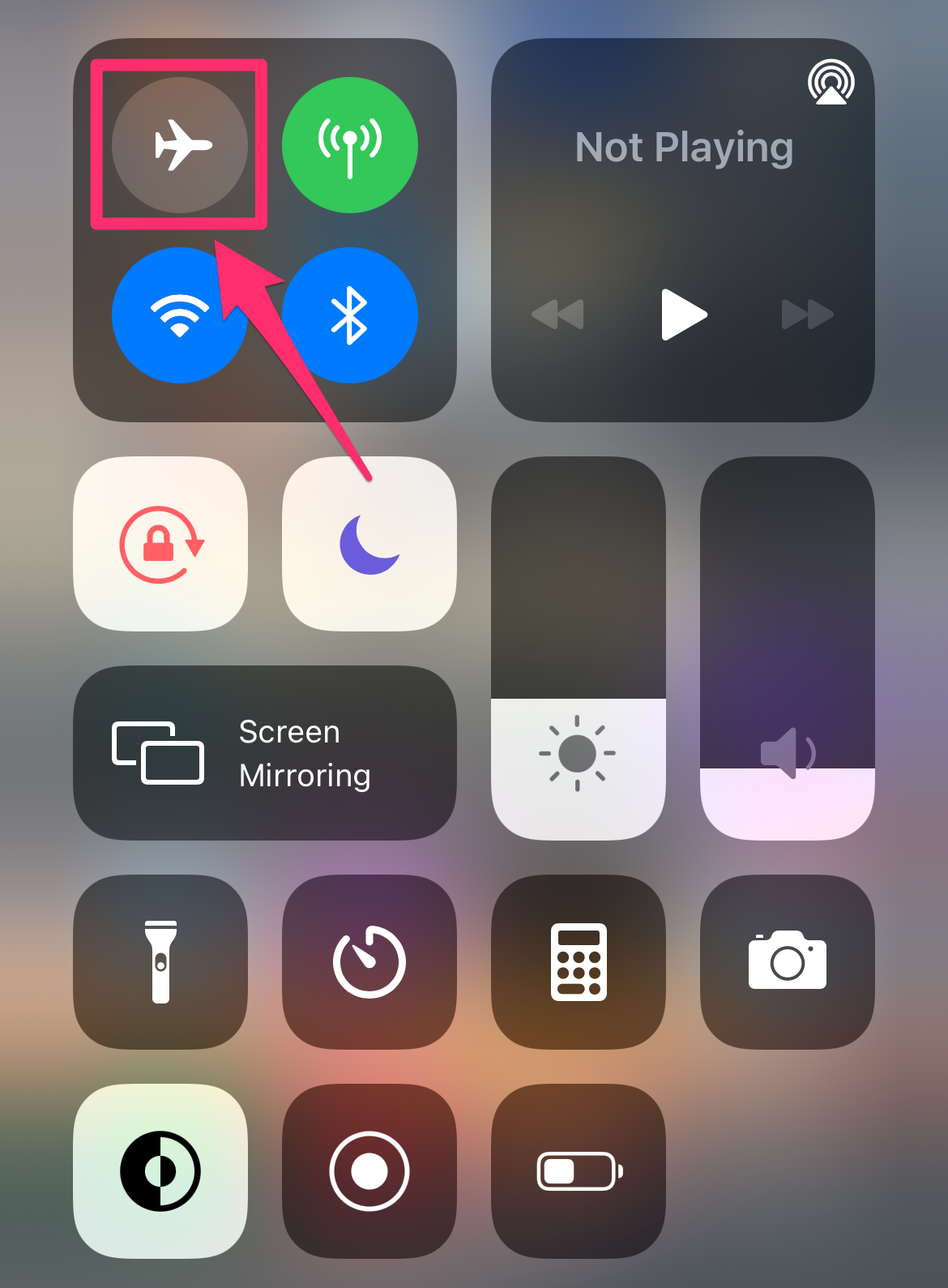 Screenshot of Control Center with Airplane Mode highlighted