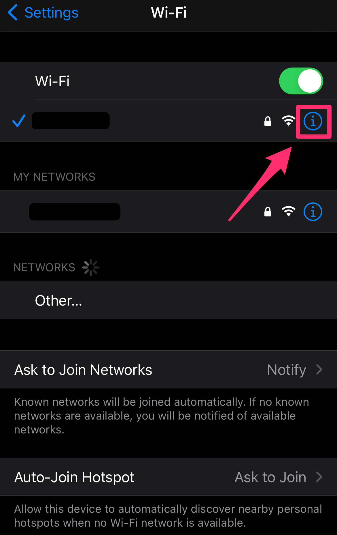 Screenshot of the Wi-Fi screen with the information icon highlighted