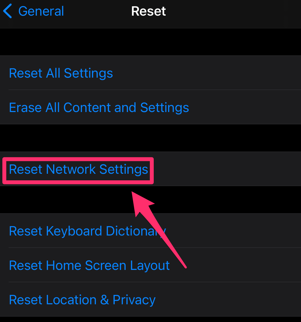 Screenshot of the Reset page in Settings