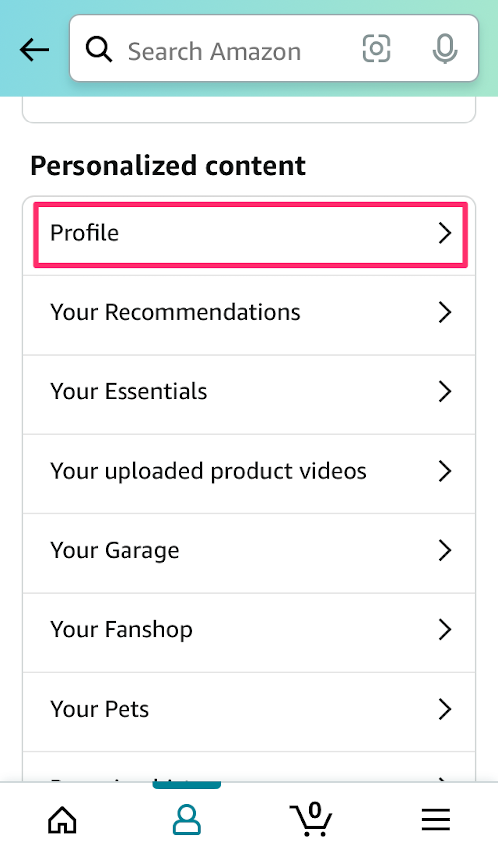 Screenshot of the account page in the Amazon Shopping app