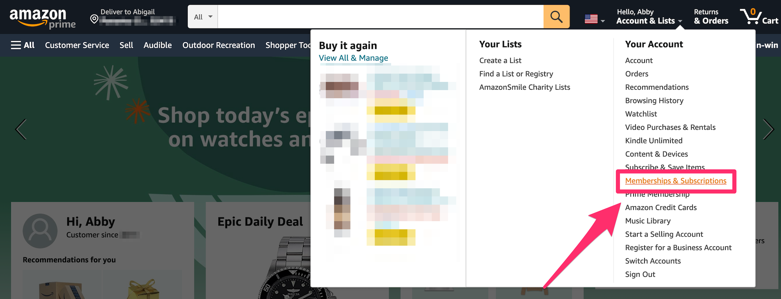 Screenshot highlighting Memberships & Subscriptions