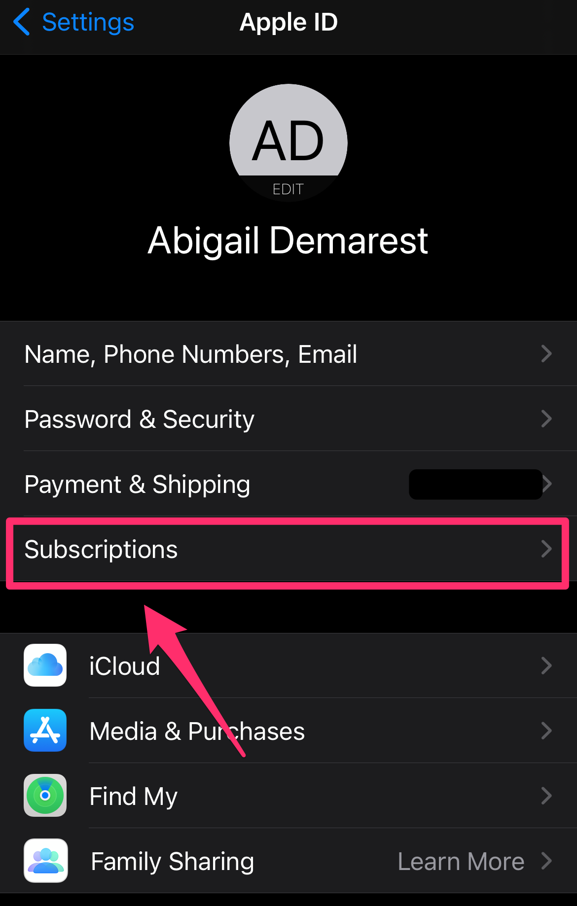 Amazon screenshot highlighting the Subscriptions option in Apple ID settings