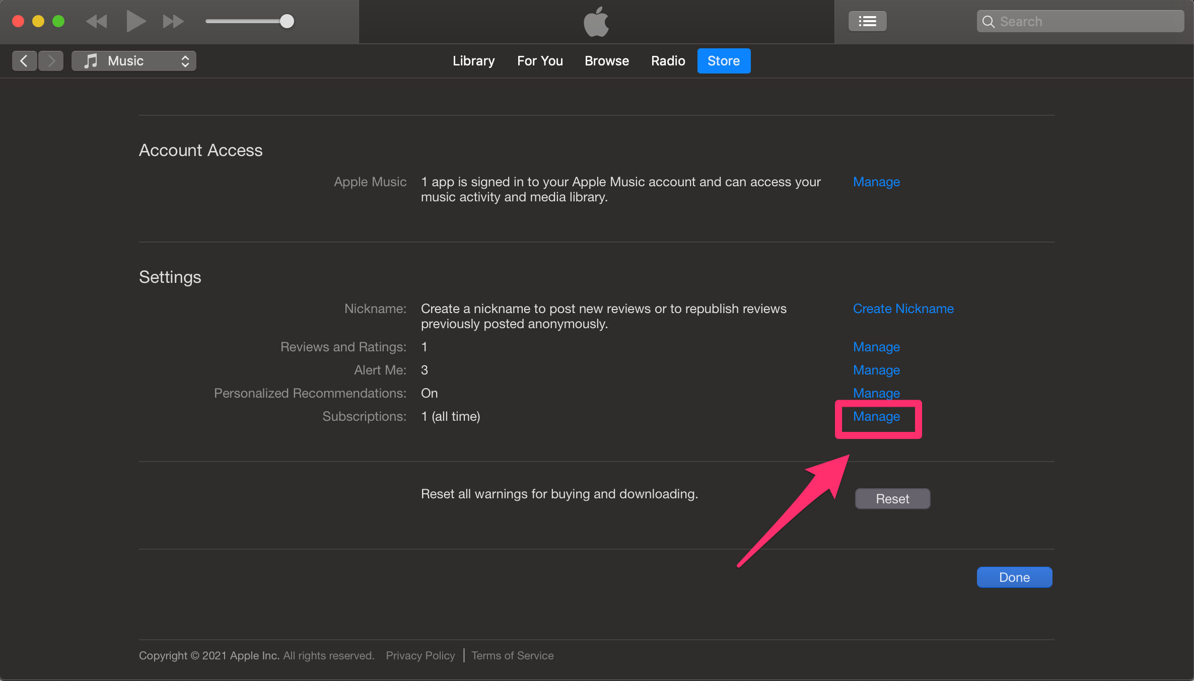 iTunes screenshot highlighting the Manage option next to Subscriptions