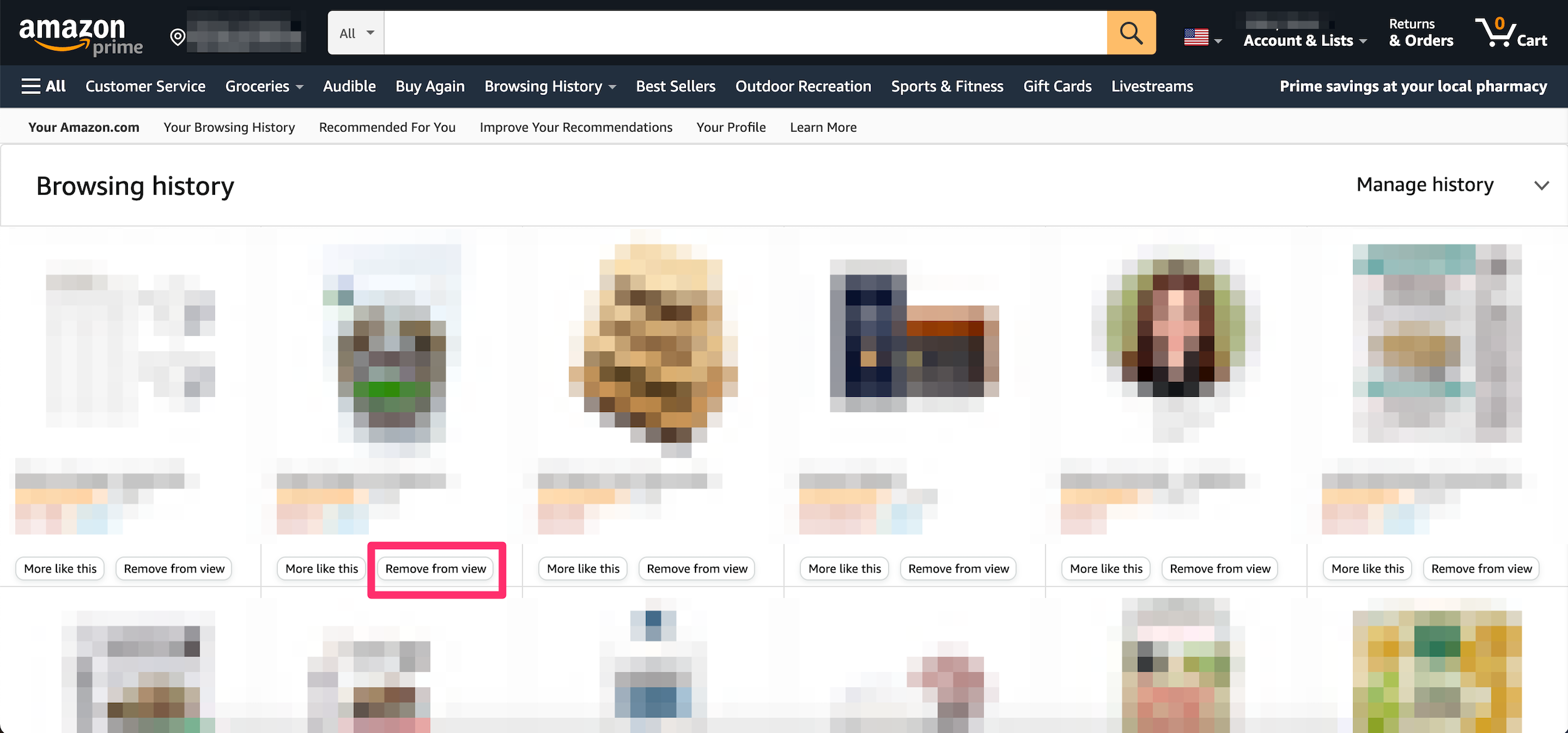 Screenshot of the browsing history page on Amazon