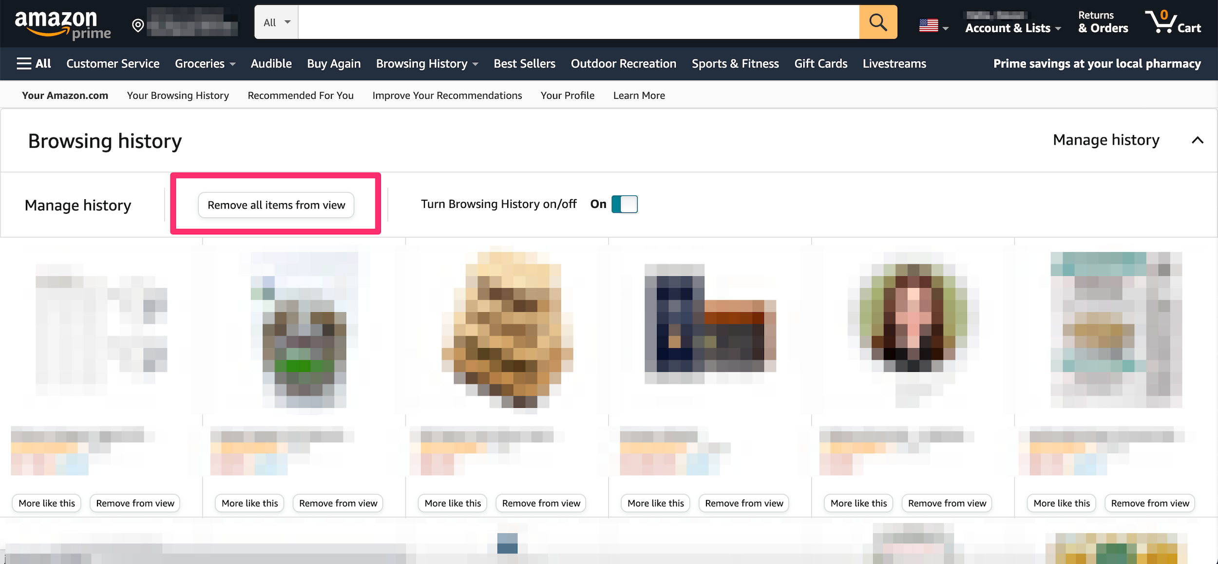 Screenshot of the expanded Manage history section in the browsing history on Amazon