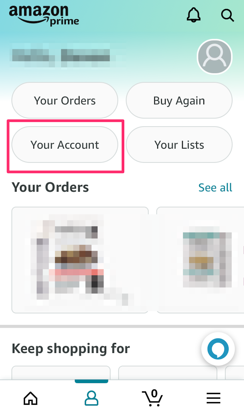 Screenshot highlighting the Your Account option on an Amazon profile in the app