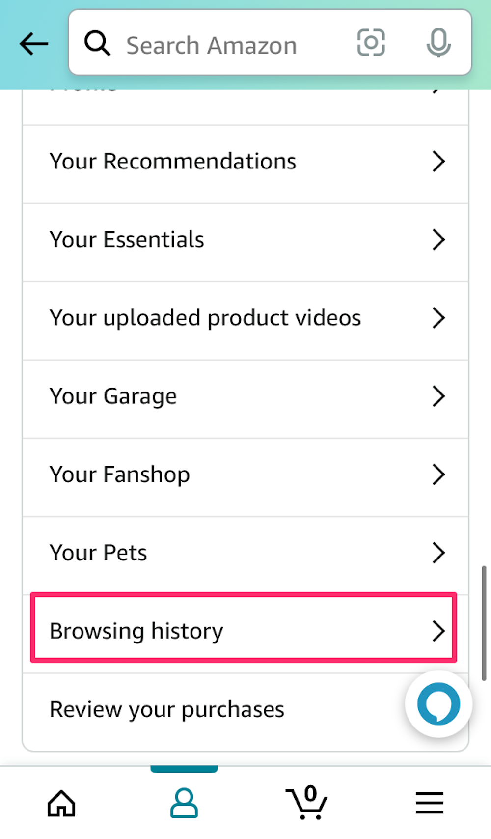 Screenshot of the Your Account page in the Amazon Shopping app