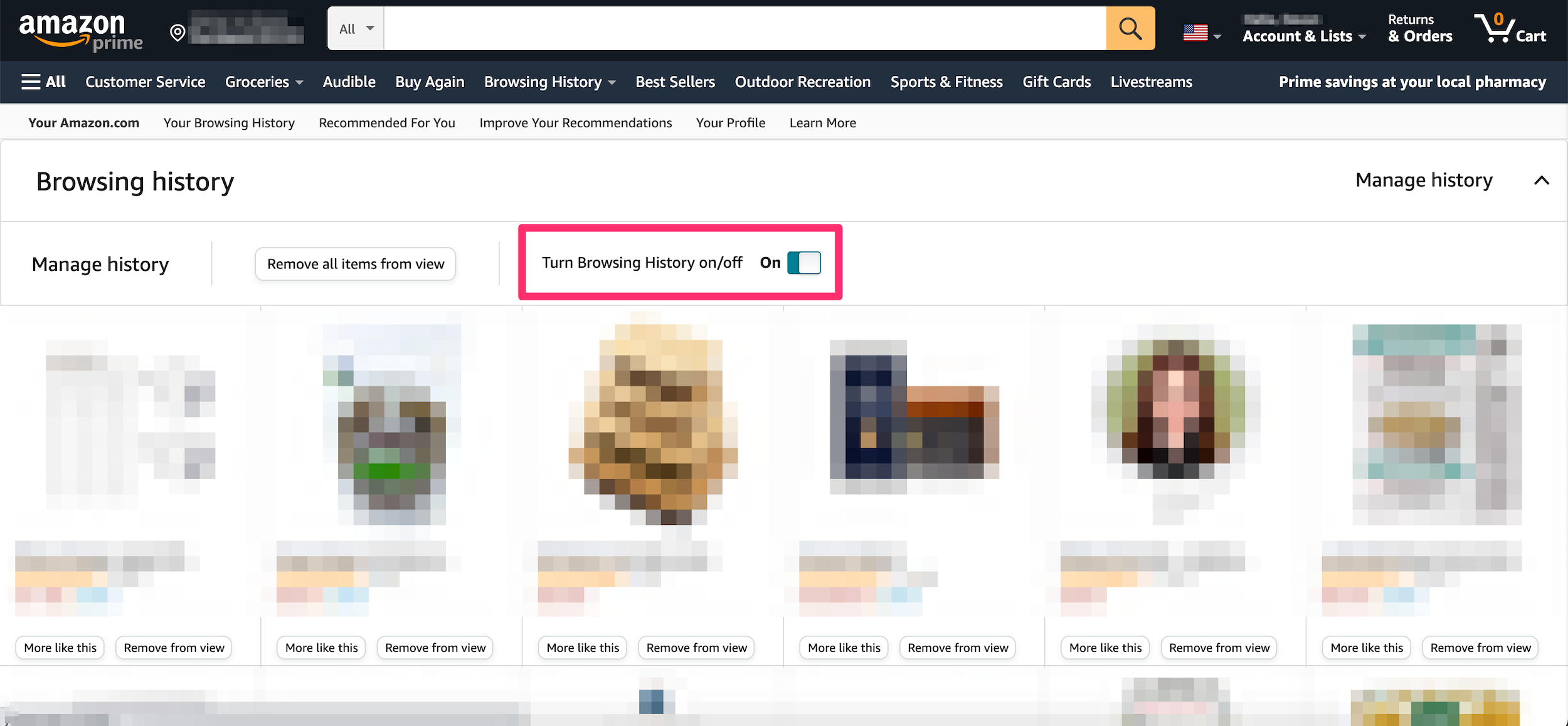 Screenshot showing the expanded Manage menu for the browsing history page on Amazon