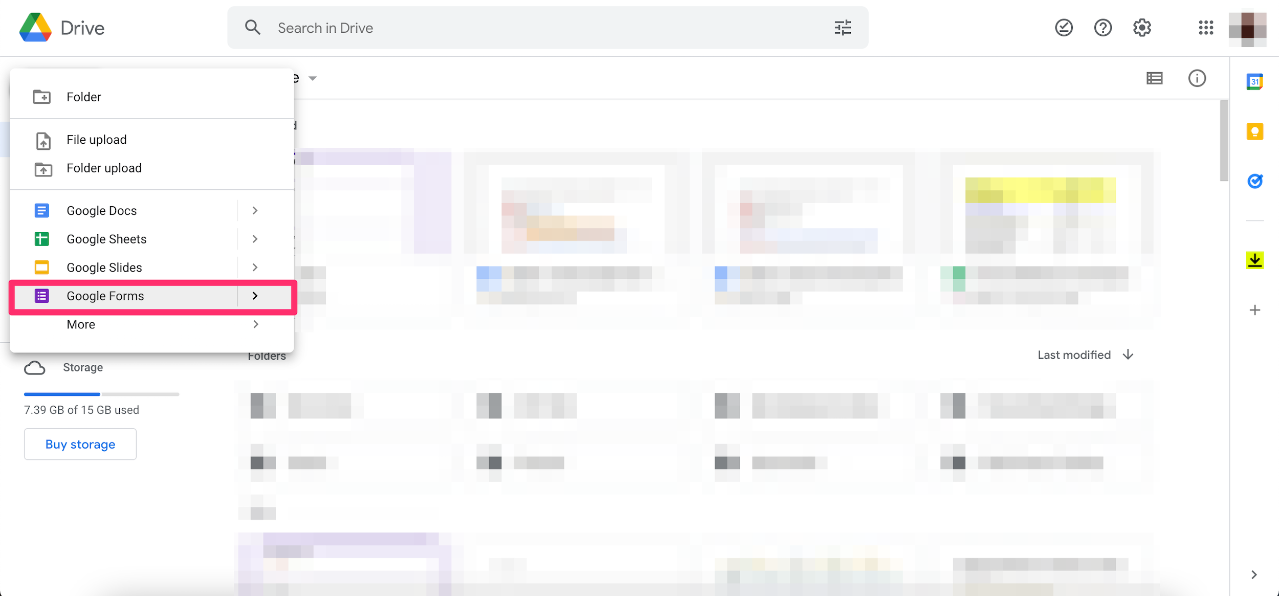 Screenshot of the expanded New menu in Google Drive