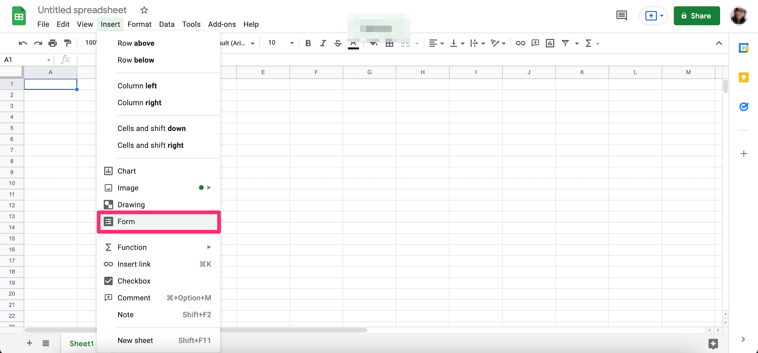 Screenshot of the expanded Insert menu in a Google Sheet