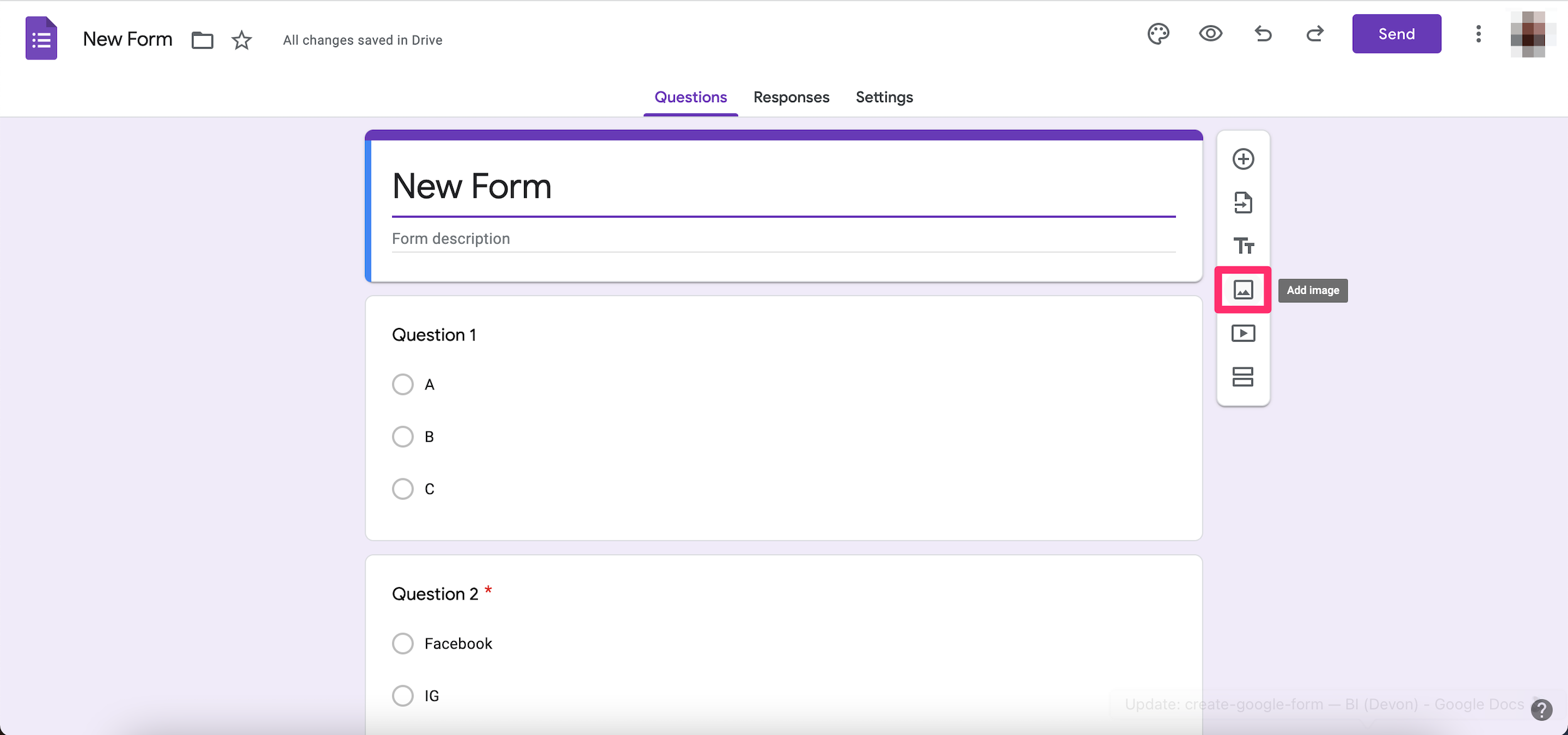 Screenshot highlighting the Image button in a Google Form