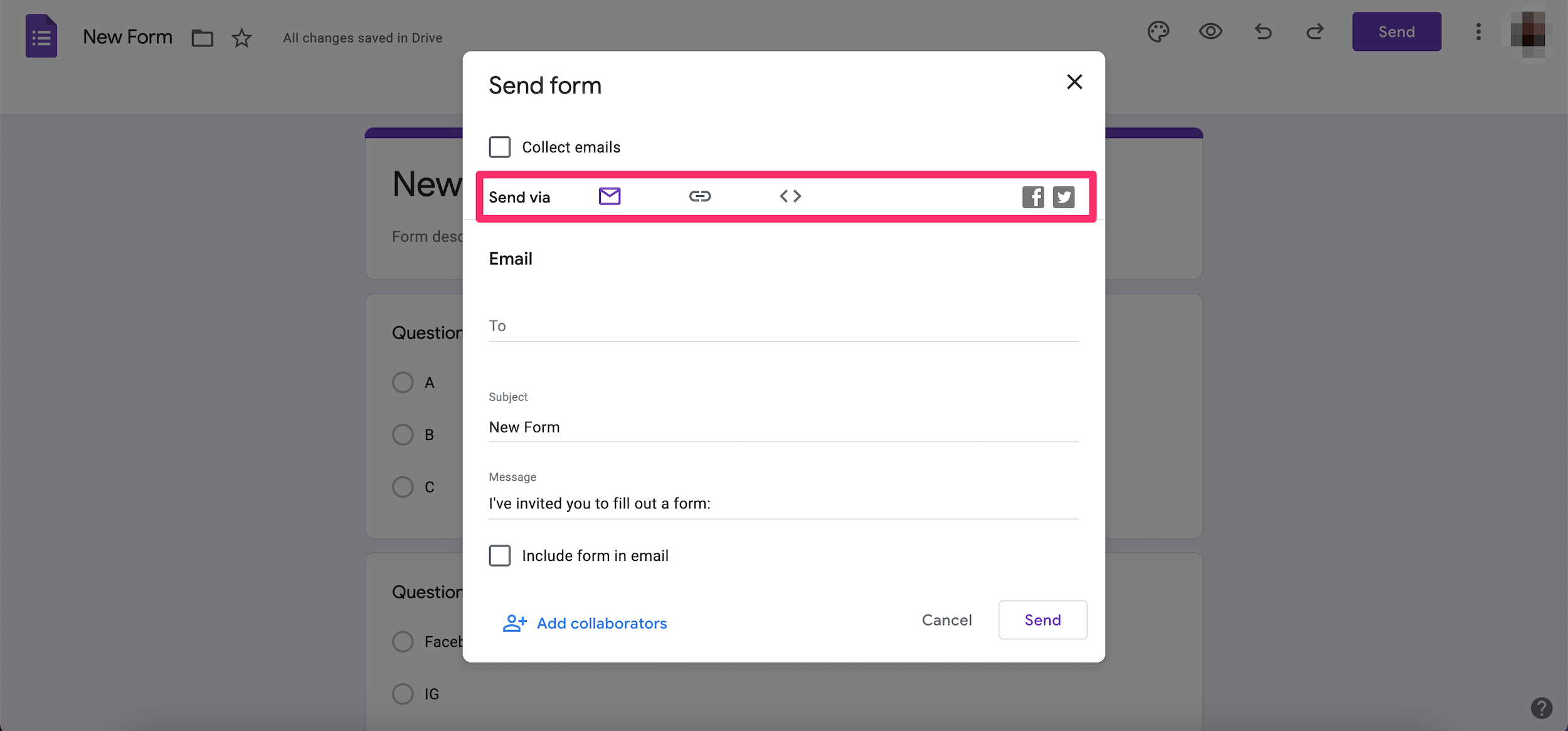 Screenshot highlighting the ways you can share a Google Form on the pop-up that appears when you click Send