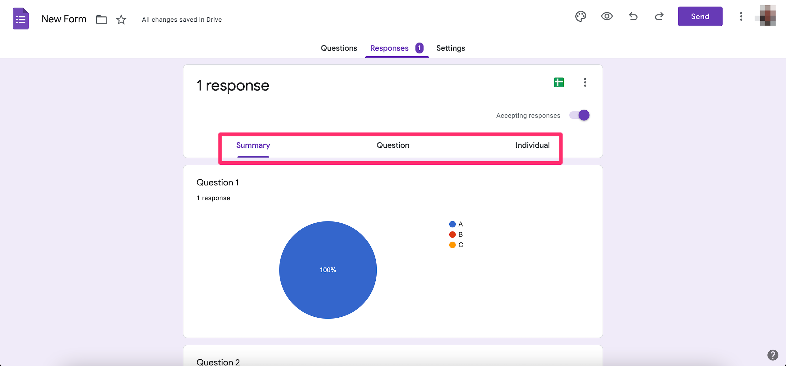 Screenshot highlighting the ways you can view the responses to a Google Form