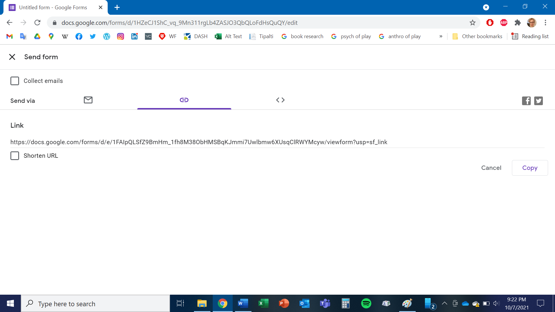 google forms share form, copy URL