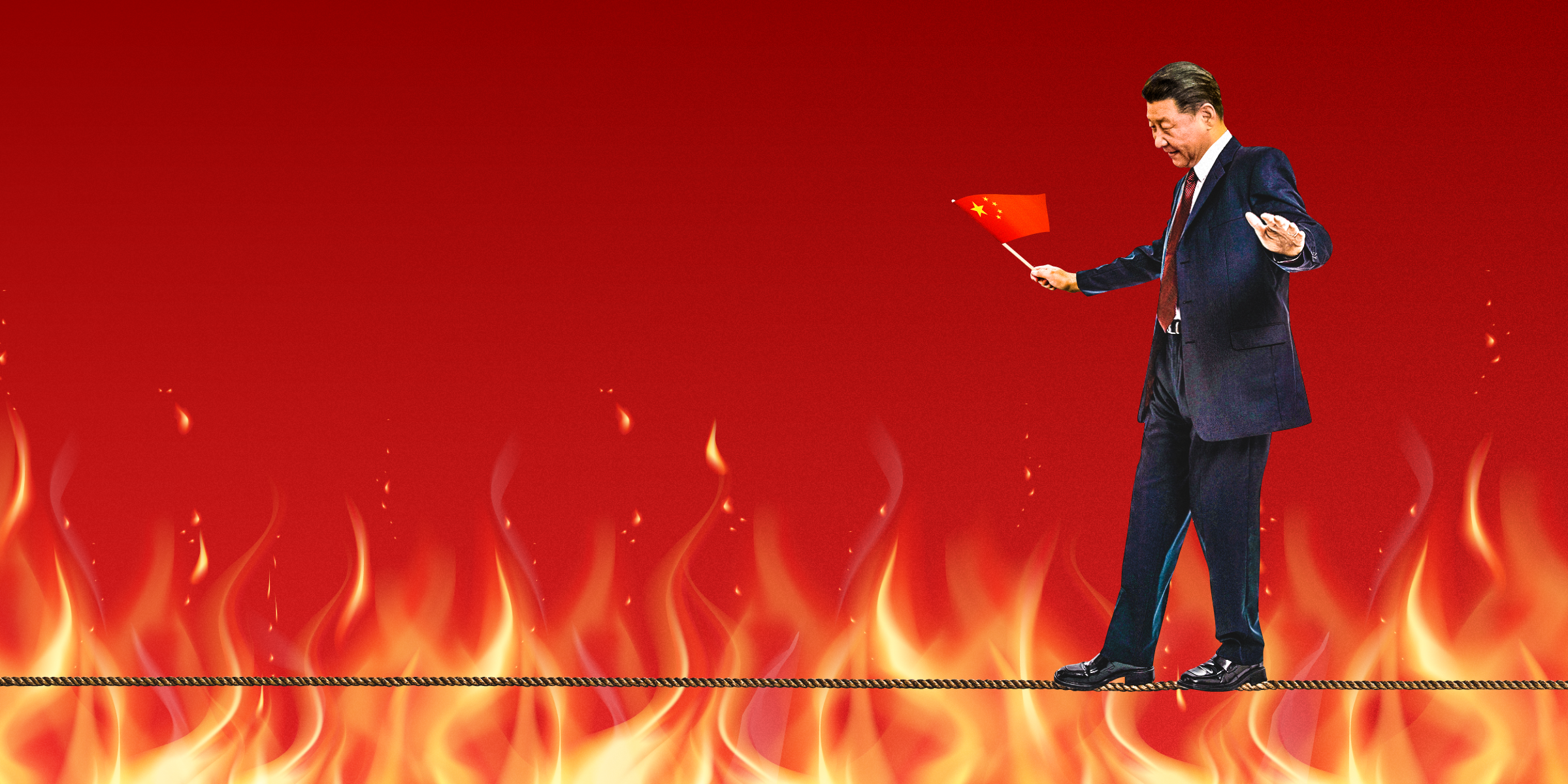 Chinese President Xi Jingping walking across a tightrope across fire while holding a small Chinese flag on a dark-red-to-bright-red background.