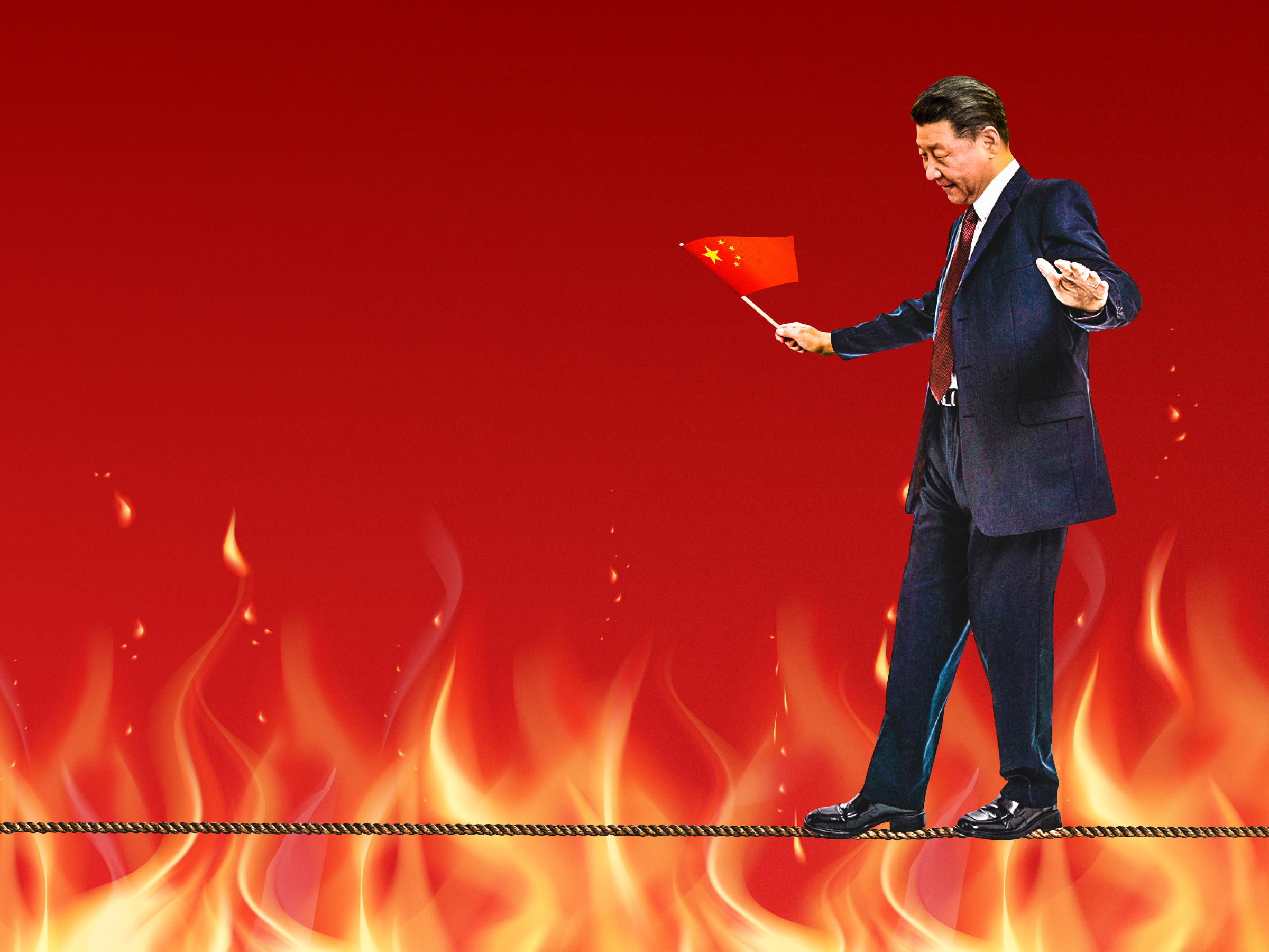 Chinese President Xi Jingping walking across a tightrope across fire while holding a small Chinese flag on a dark-red-to-bright-red background.