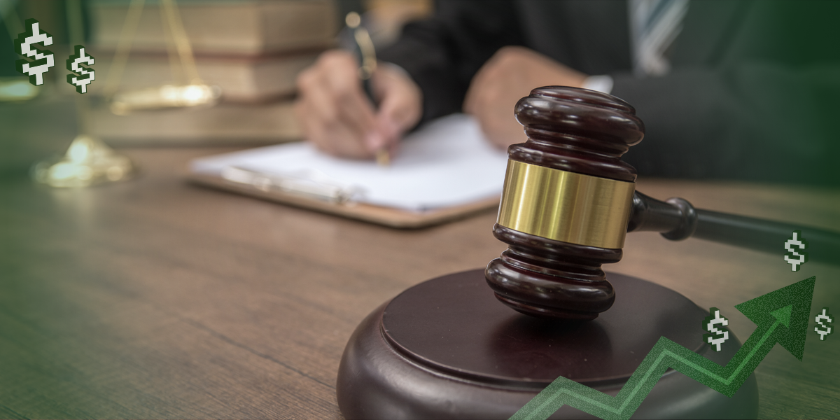 Photo of a judge with a gavel in the foreground with chart overlay.
