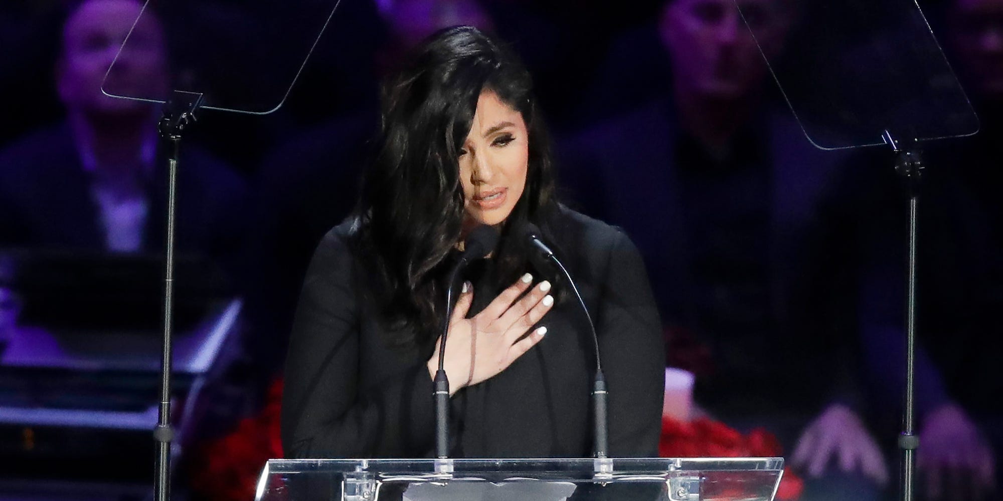 Vanessa Bryant speaks during a celebration of life for her husband, Kobe Bryant, and daughter Gianna in Los Angeles.