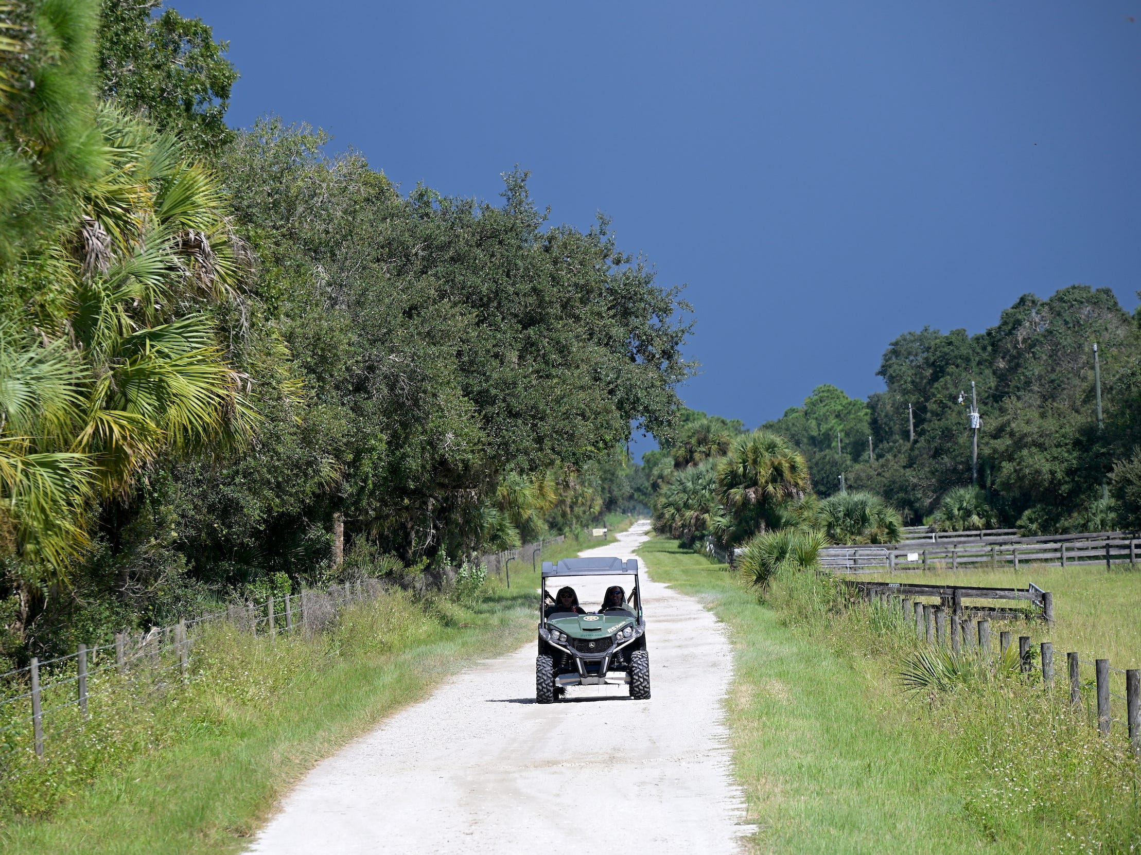 in the Carlton Reserve, a side-by-side vehicle drives along a path with trees alongside it and a stormy sky