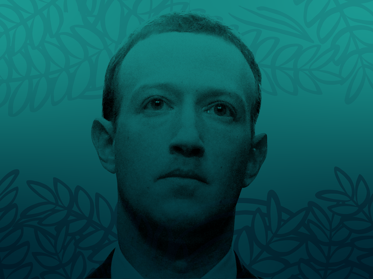 Mark Zuckerberg's headshot placed over a green background with Hawaiian leaves flowing through the top and bottom of the frame