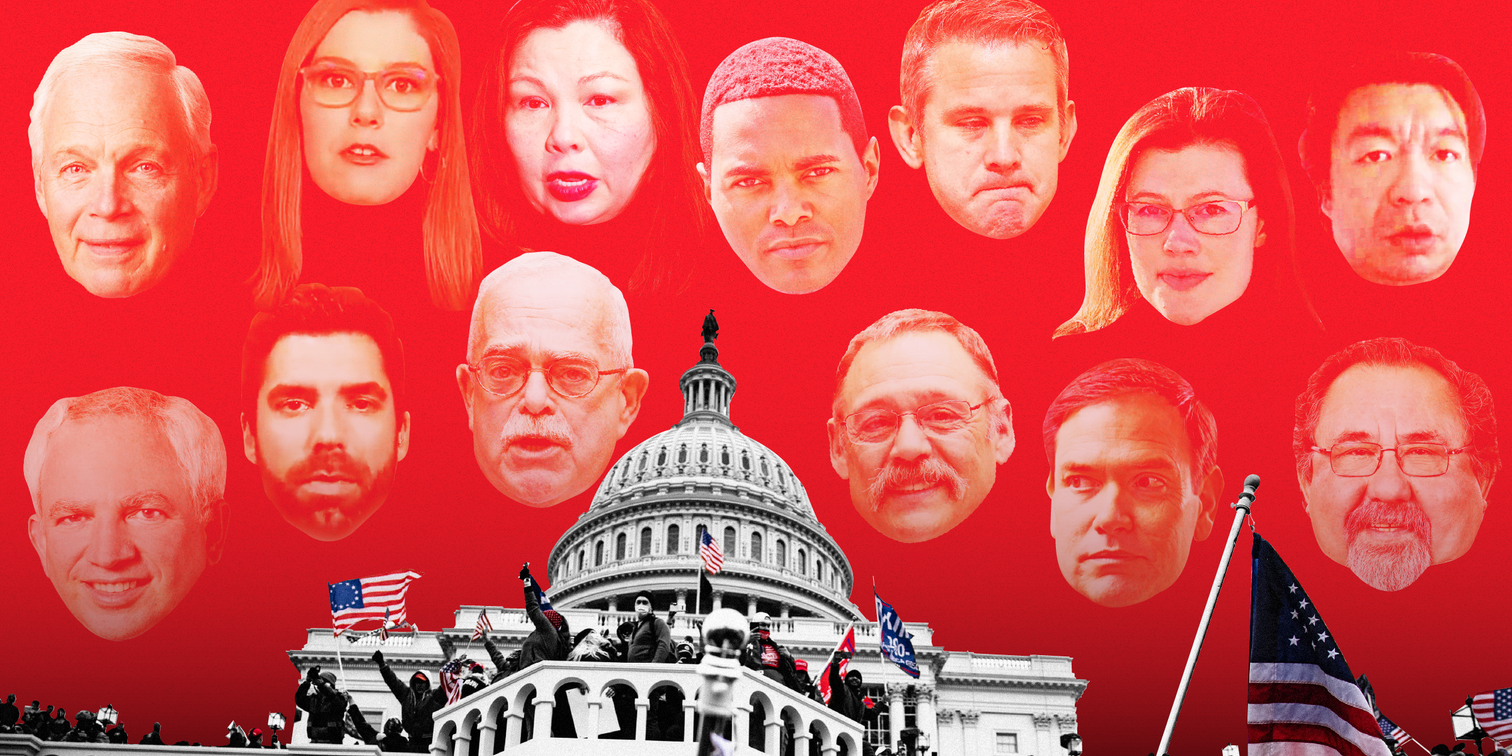 cutouts of staffers, lawmakers, journalists, and others who lived through the January 6 Capitol attack superimposed above an image of the Capitol being stormed against a red background
