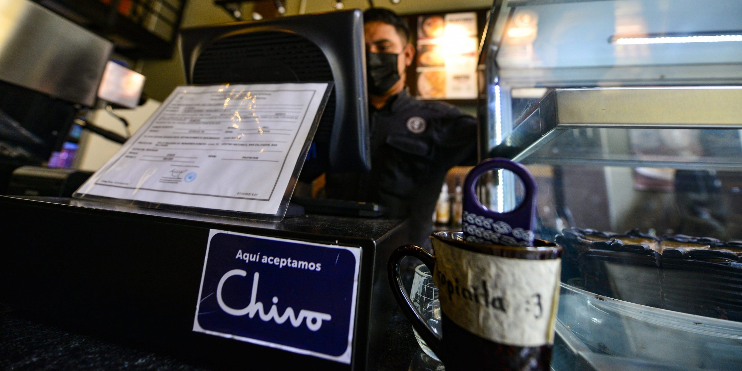 A Chivo sign for El Salvador's bitcoin system is displayed at a cafe in San Salvador, El Salvador.