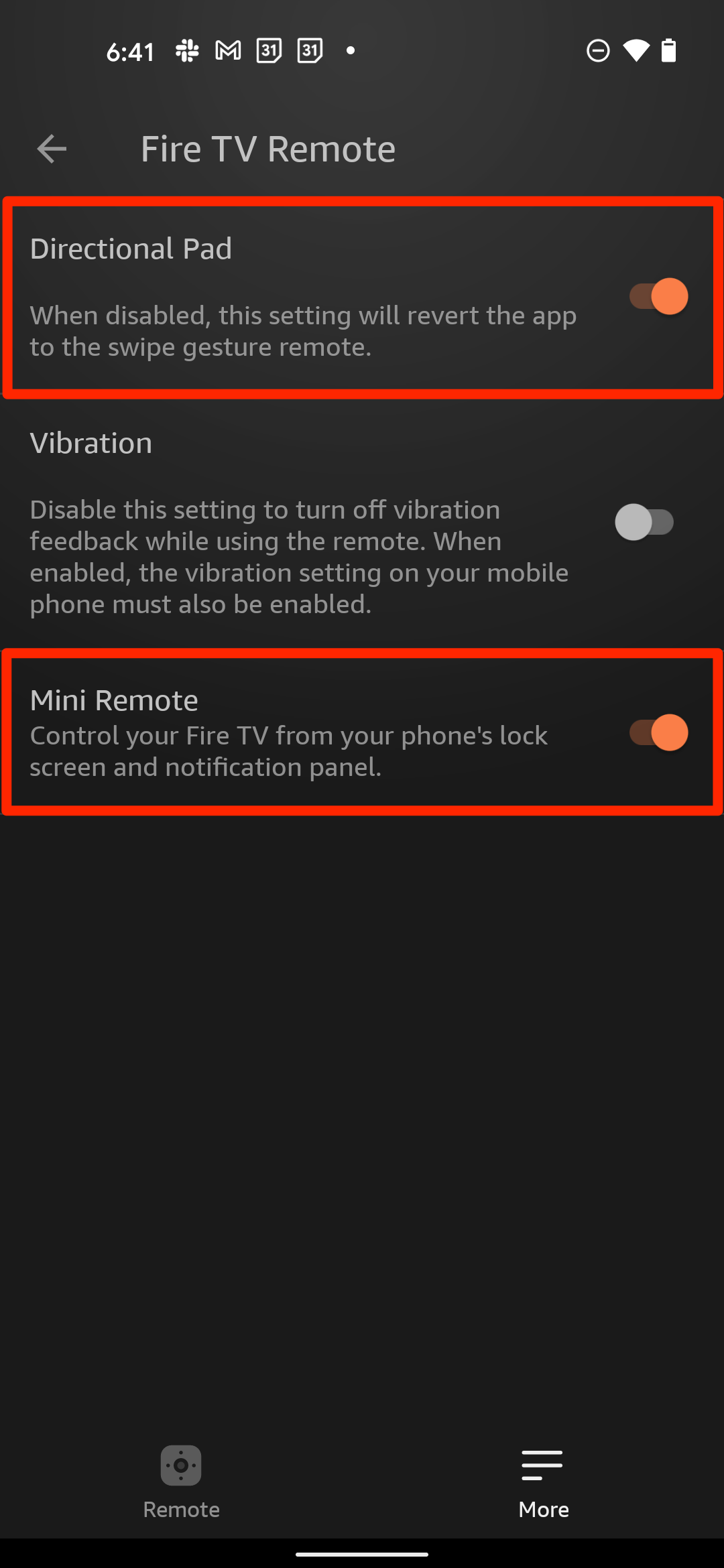 The "Fire TV Remote" settings screen in the Fire TV app. The "Directional Pad" and "Mini Remote" options are highlighted.