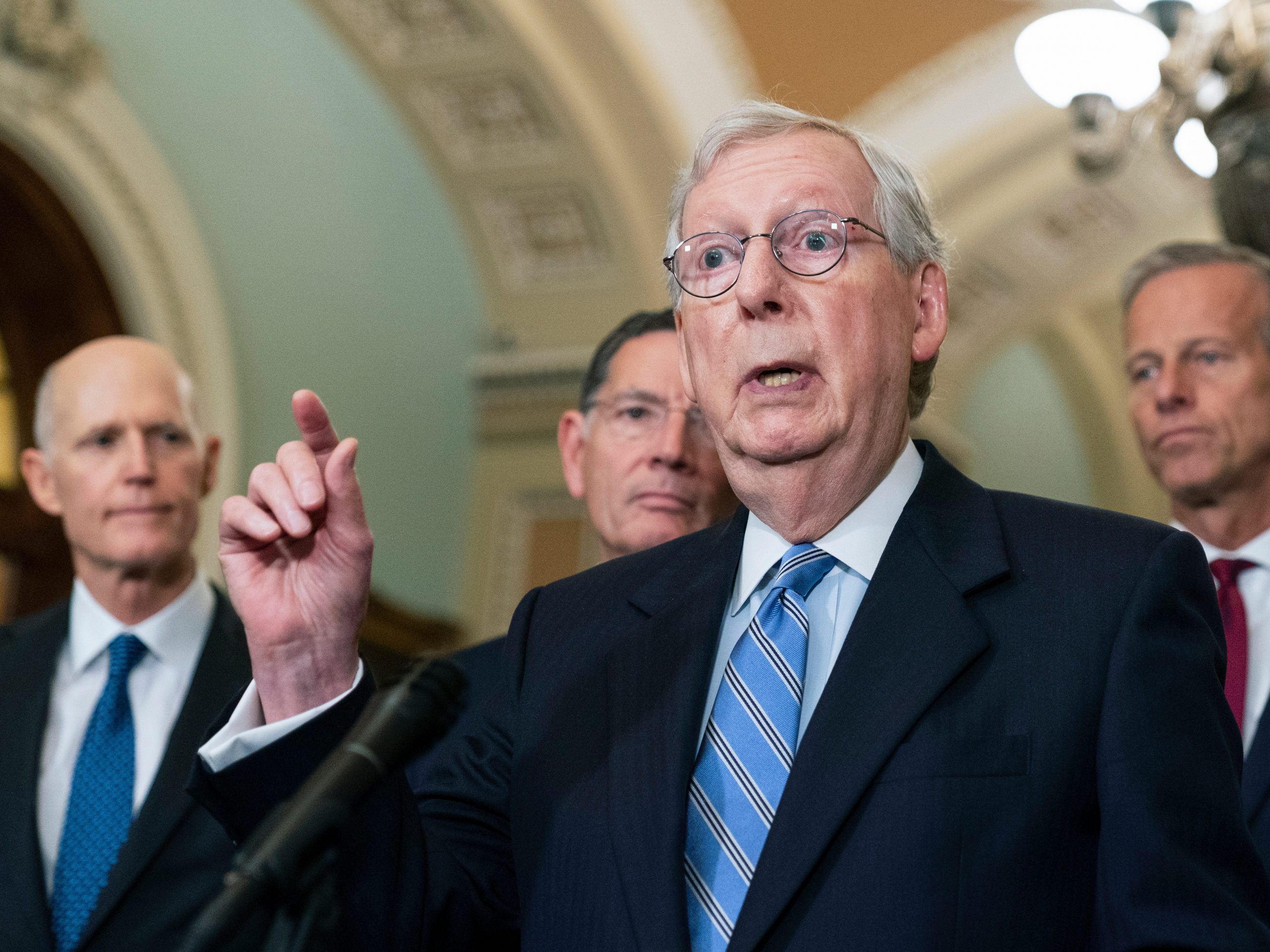 Senate Minority Leader Mitch McConnell of Ky., together with other Republican leaders speaks to reporters on Capitol Hill in Washington, Tuesday, Oct. 5, 2021.