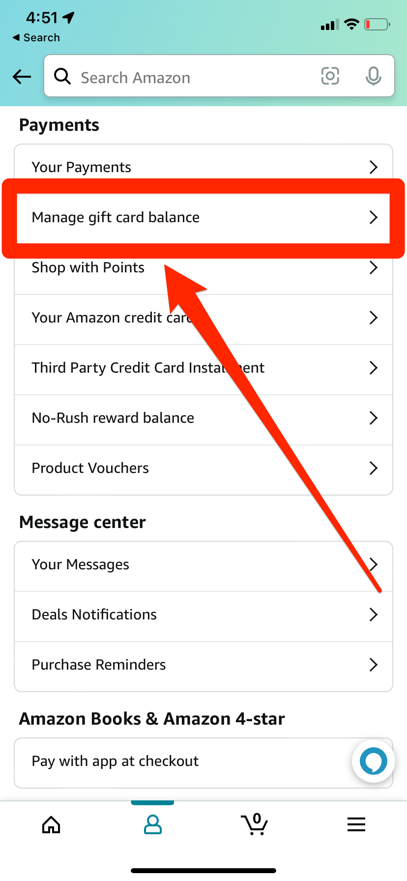 A menu in the Amazon app that lets you see your account preferences and options. "Manage gift card balance" is highlighted.