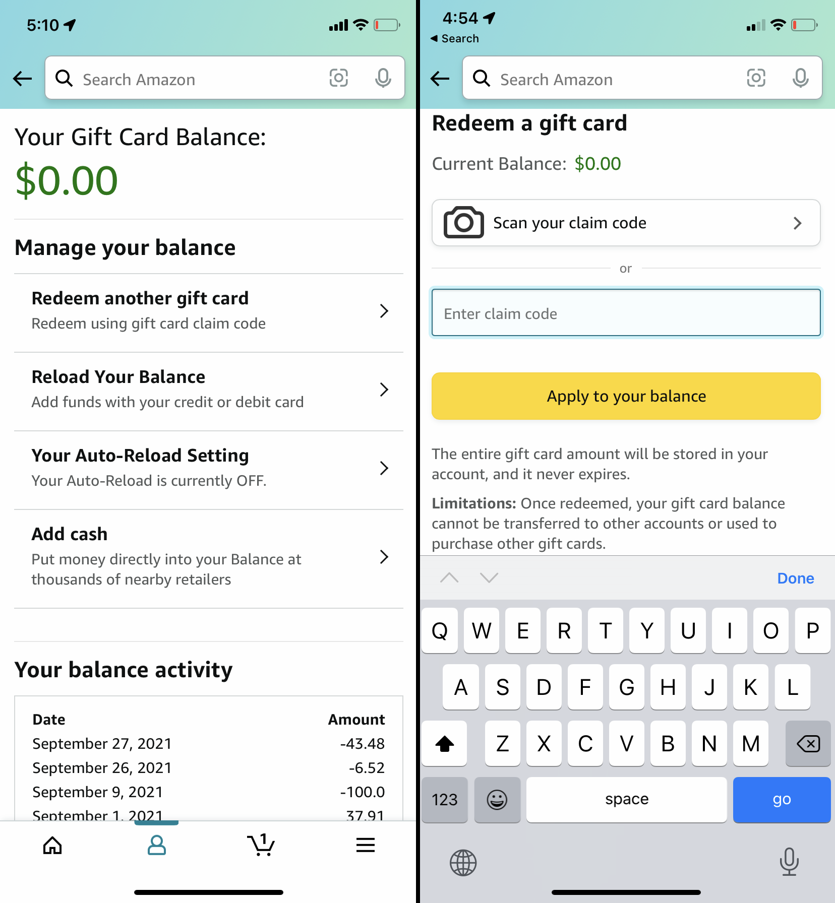 Two screenshots showing how to redeem a gift card in the Amazon app.