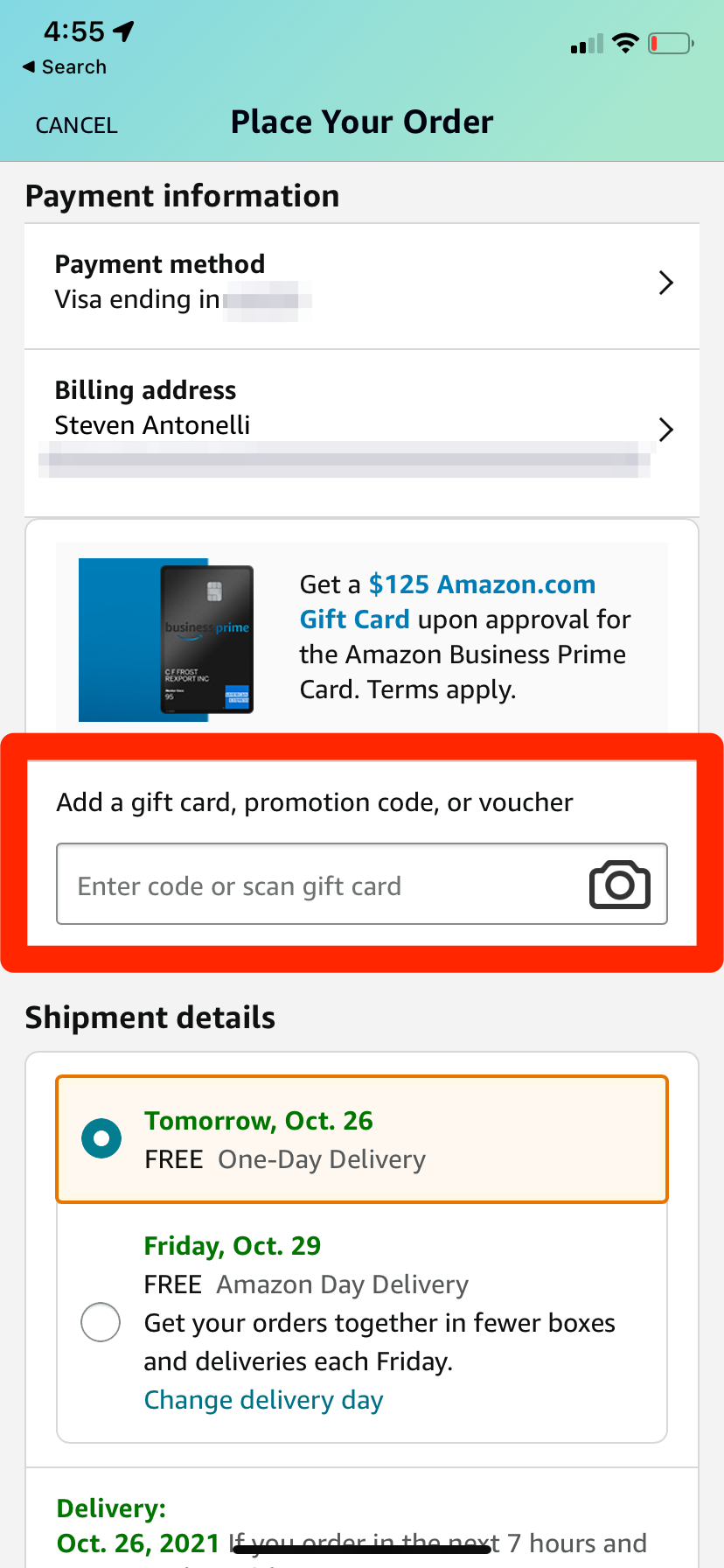The Amazon app's checkouts page, with the section that lets you scan a gift card highlighted.