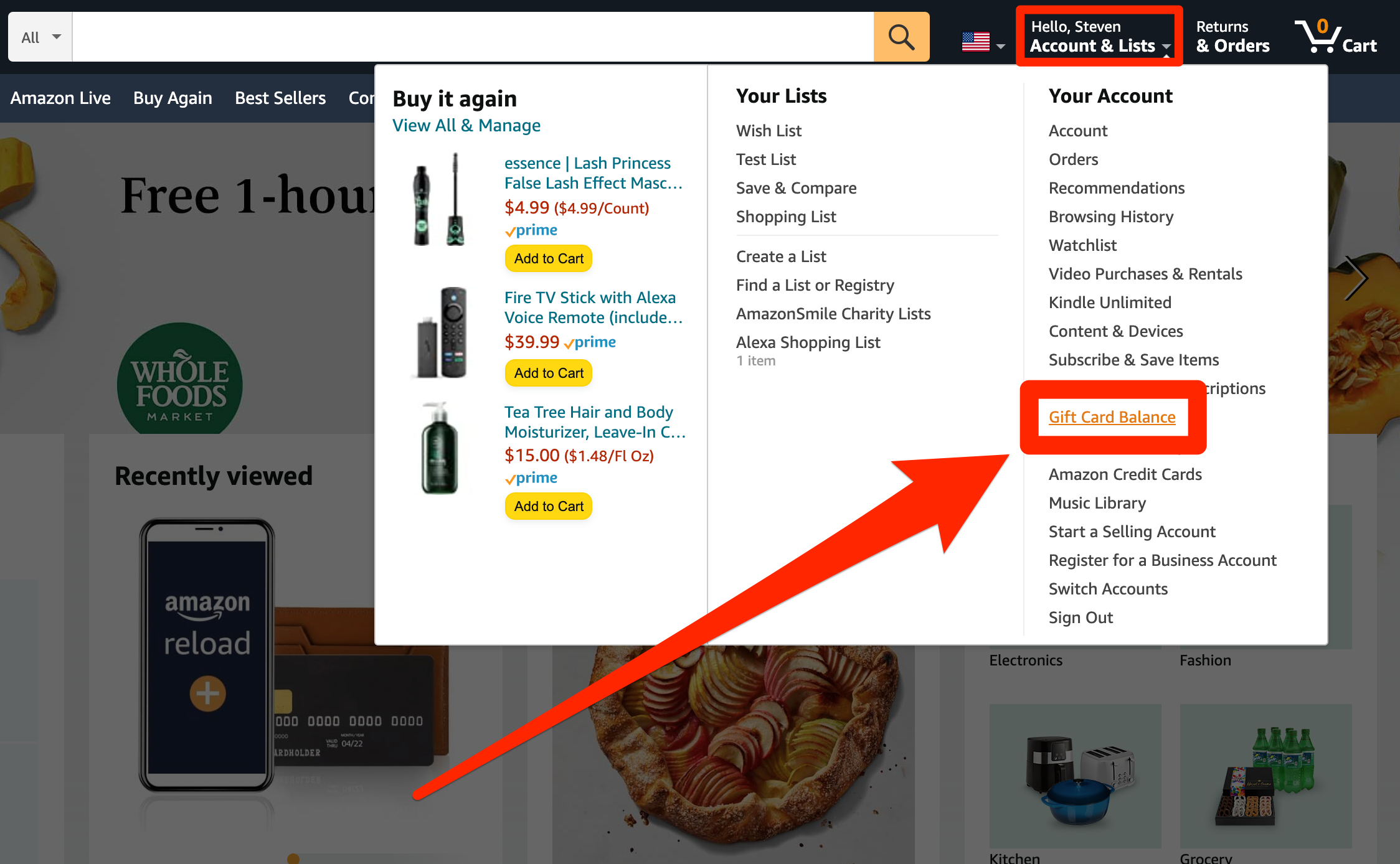 The Account and Lists menu on Amazon's website, with the "Gift Card Balance" option highlighted.