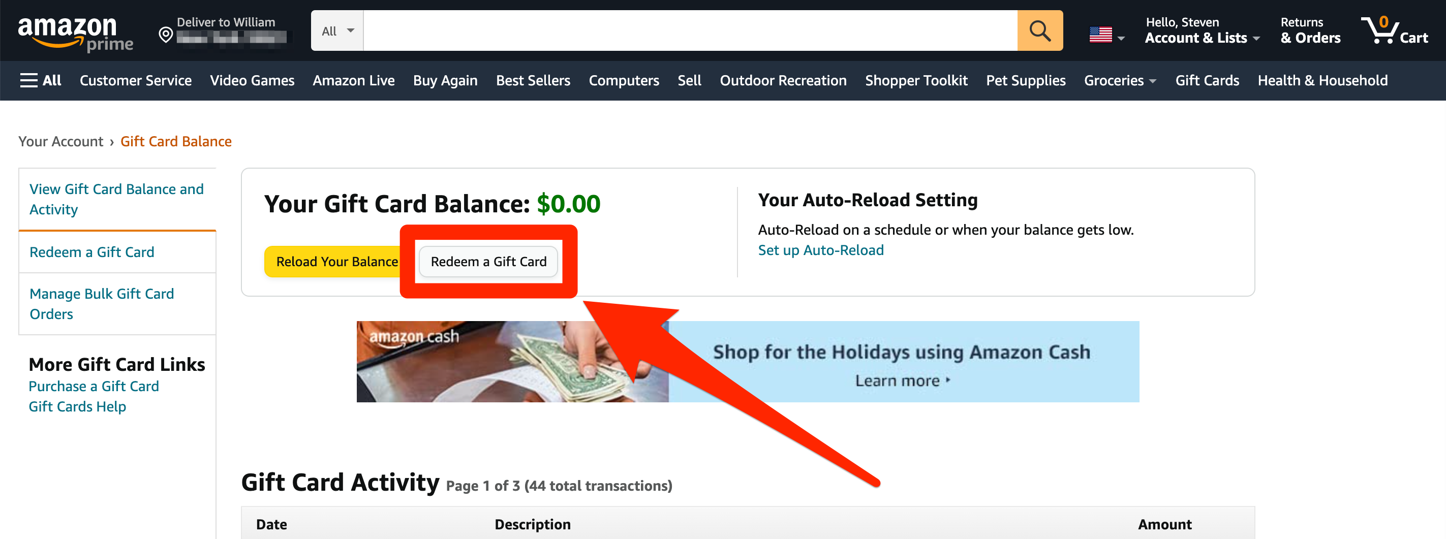 The Gift Card Balance page on the Amazon website.