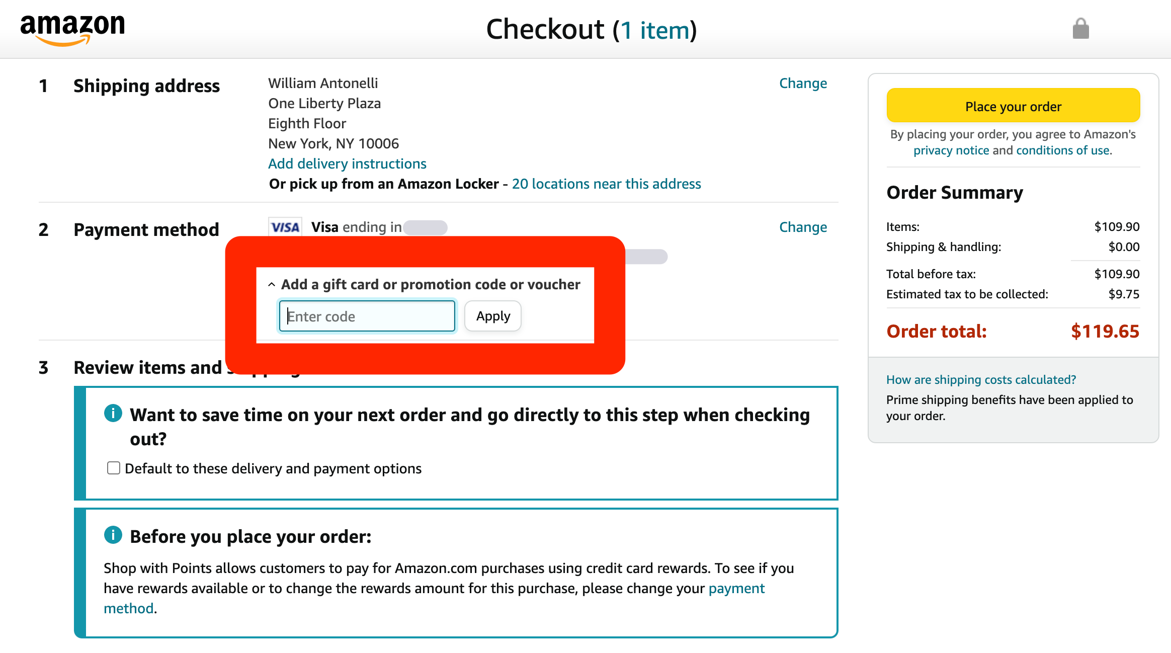 The checkout page on Amazon's website, with the section to add a gift card highlighted.