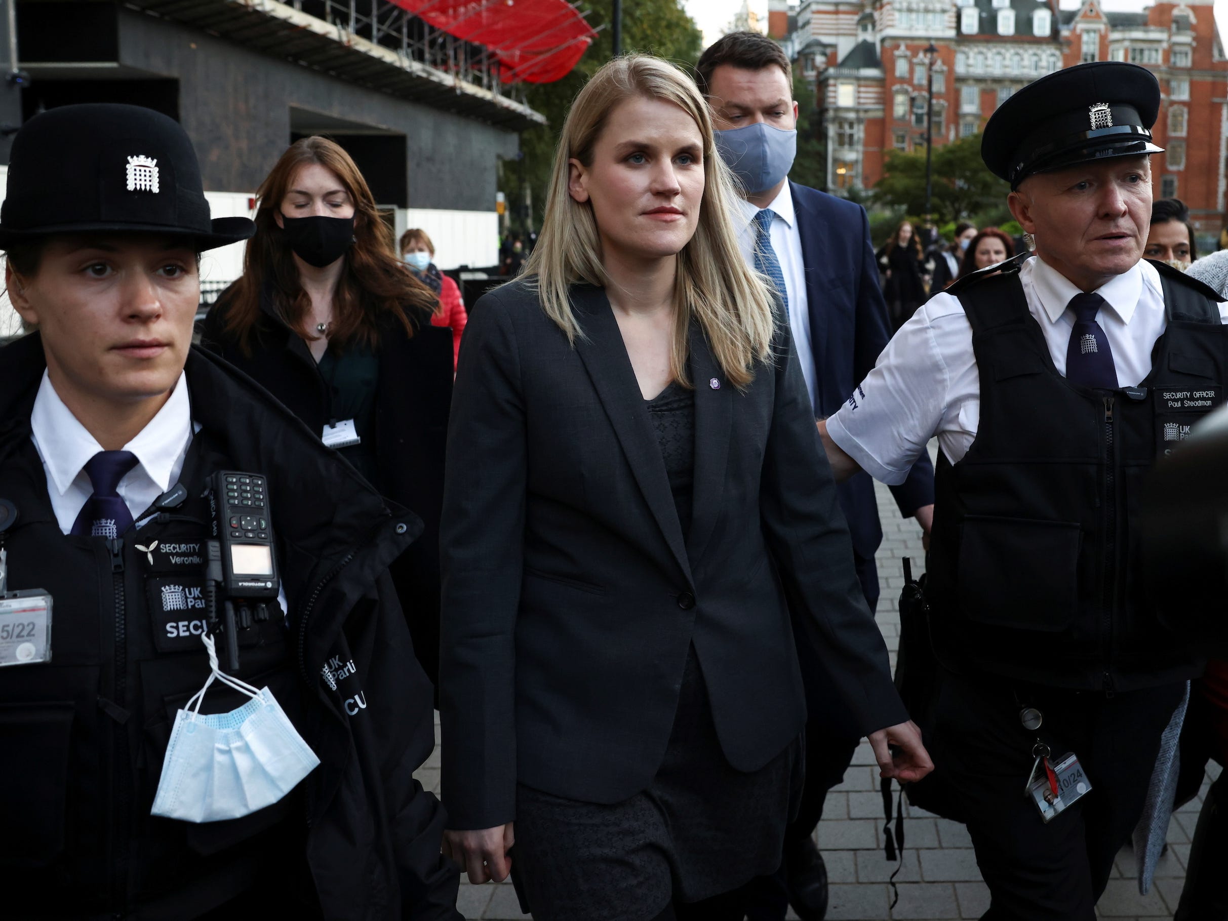Frances Haugen, a former product manager on Facebook's civic misinformation team, leaves the Houses of Parliament in Westminster, London, Britain October 25, 2021.
