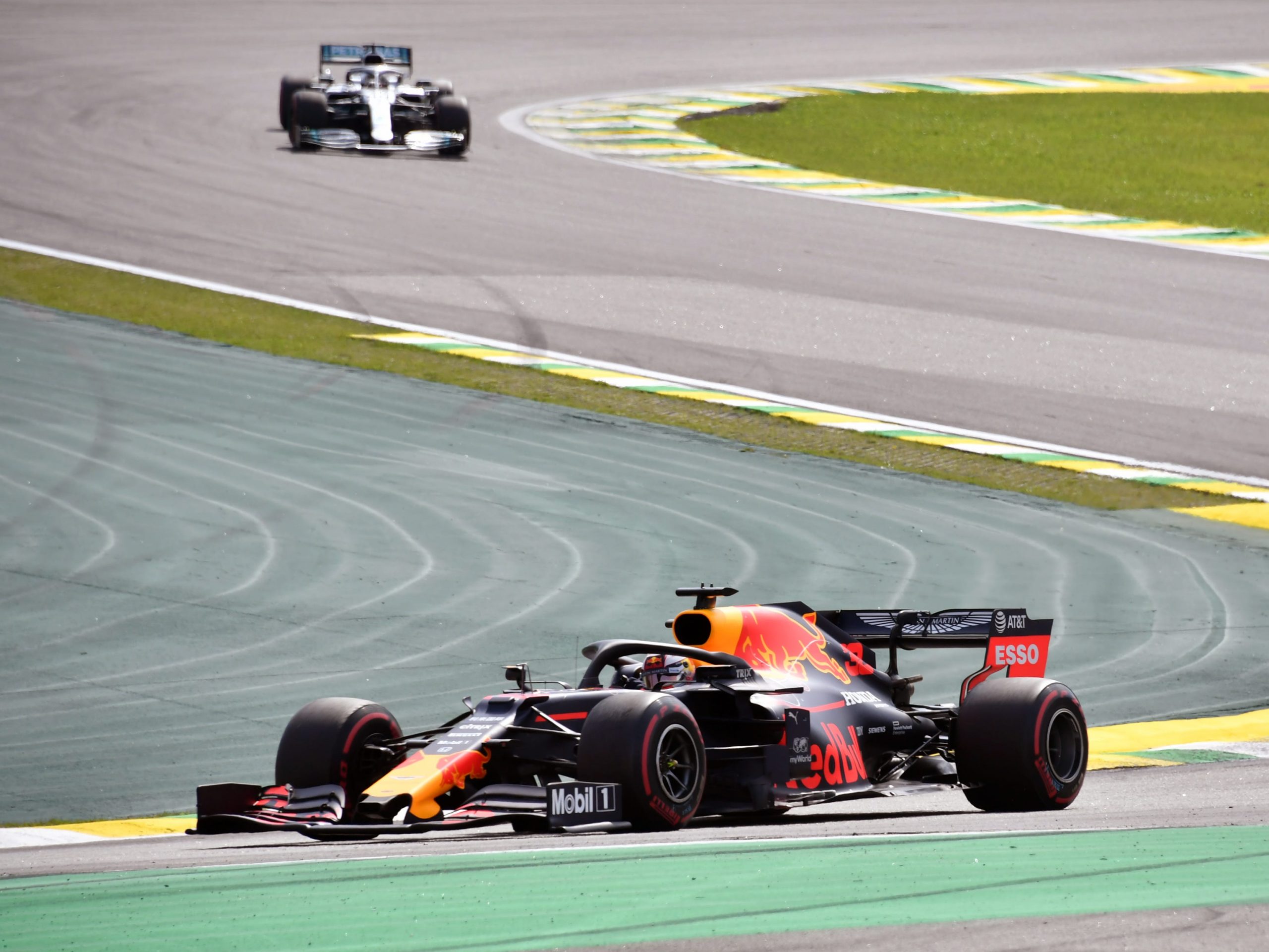 Verstappen leads Hamilton at the 2019 Brazilian Grand Prix.