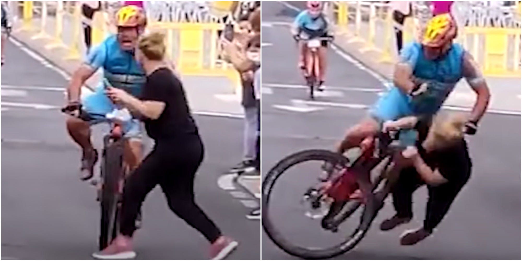 A woman causing a crash at a Spanish cycling event.