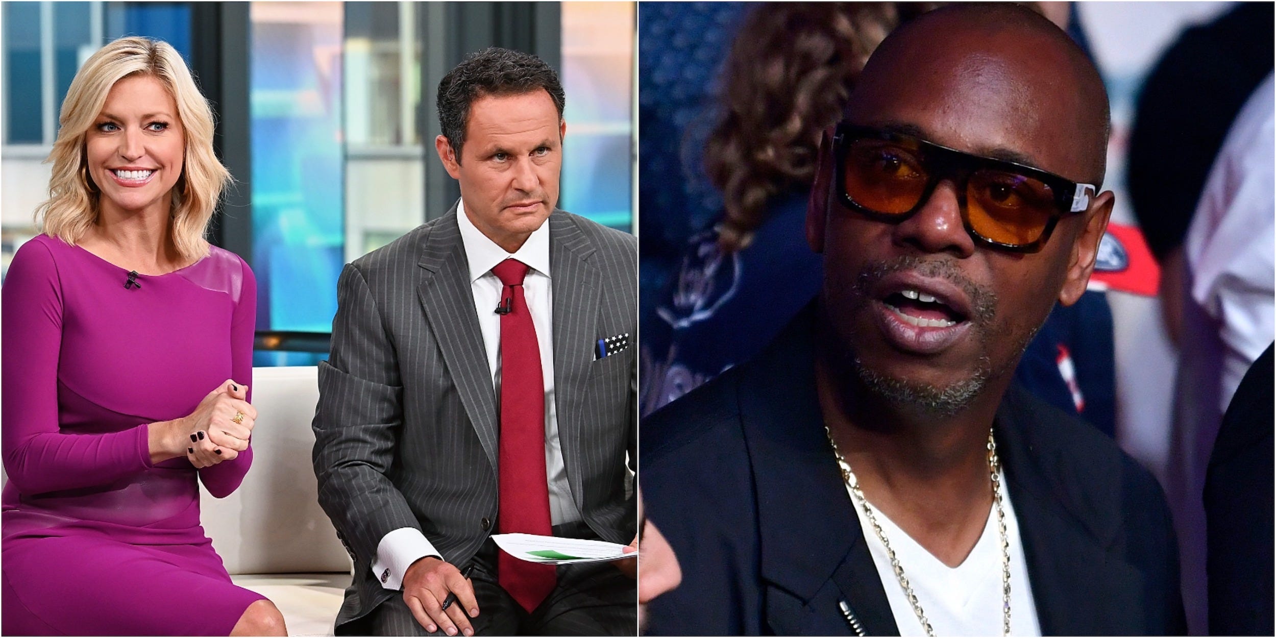 A collage shows Fox & Friends hosts Ainsley Earhardt and Brian Kilmeade sitting on the studio couch next to Dave Chappelle wearing tinted sunglasses at a UFC fight.