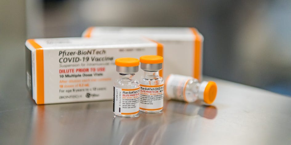 The packaging and vials for the Pfizer-BioNTech coronavirus vaccine for 5- to 11-year-old children.