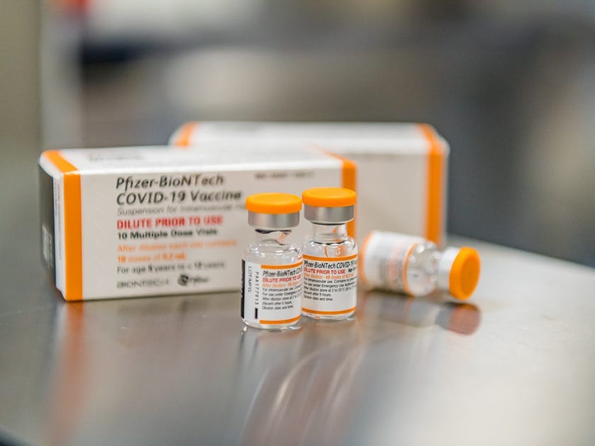 The packaging and vials for the Pfizer-BioNTech coronavirus vaccine for 5- to 11-year-old children.