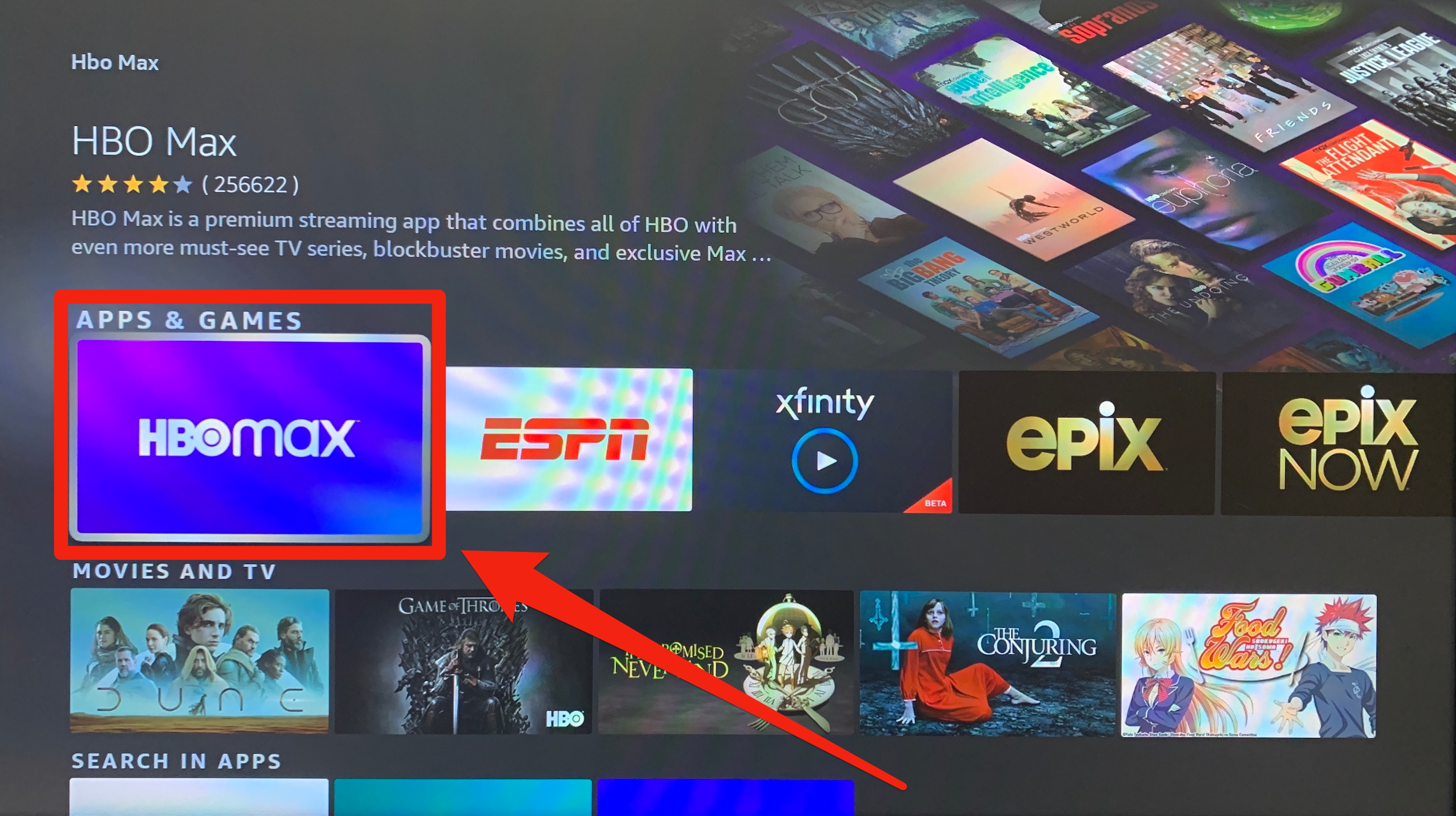 HBO Max appearing on a search results page on an Amazon Firestick.
